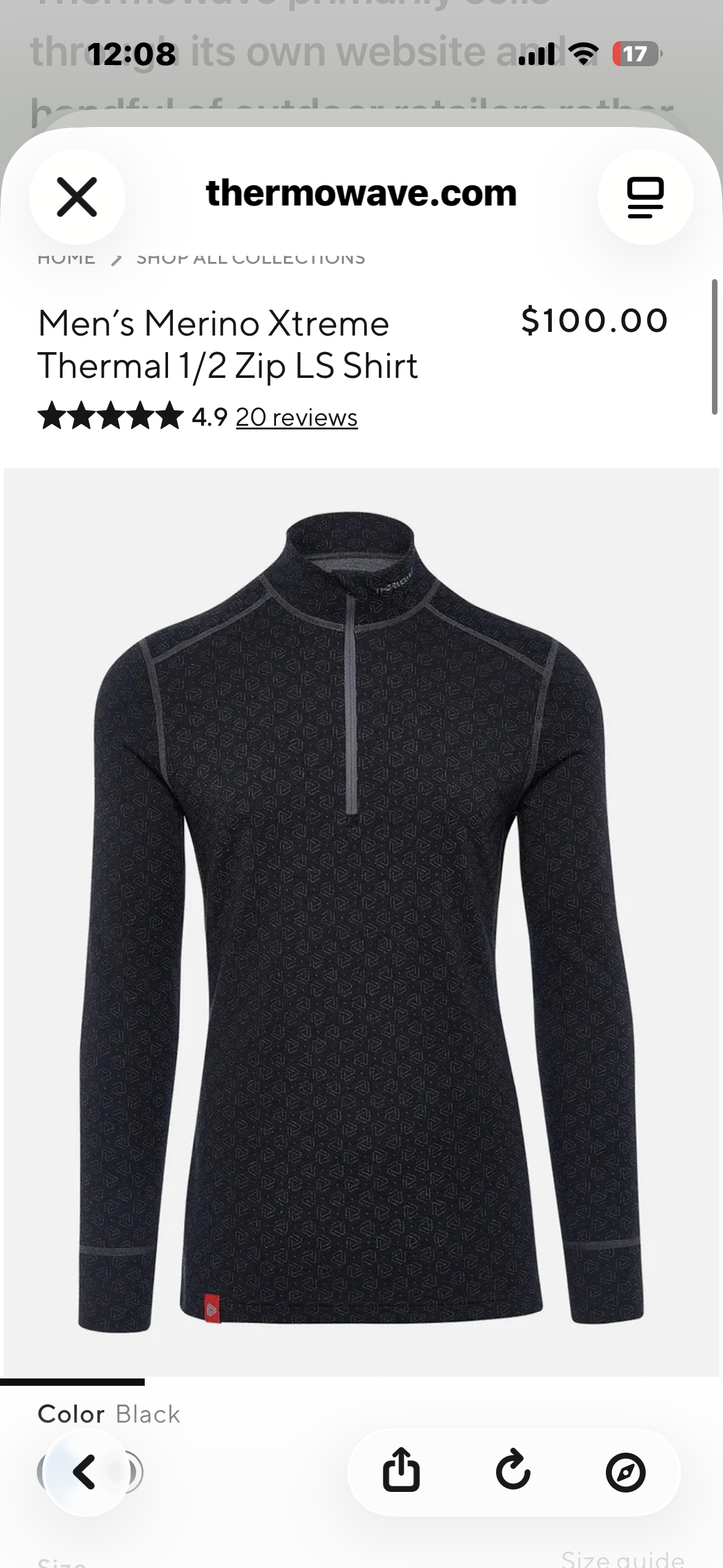 Thermowave Merino Xtreme Performance Base Layer,     Men’s Long Sleeve 1/2 Zip (Size XXL)