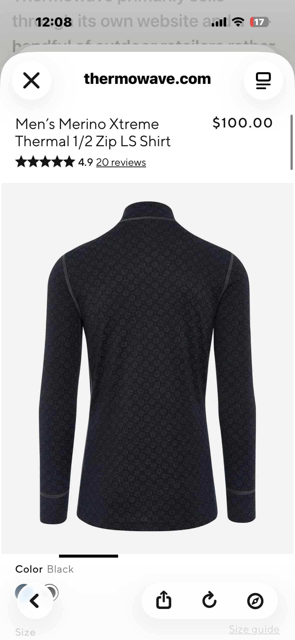 Thermowave Merino Xtreme Performance Base Layer,     Men’s Long Sleeve 1/2 Zip (Size XXL)