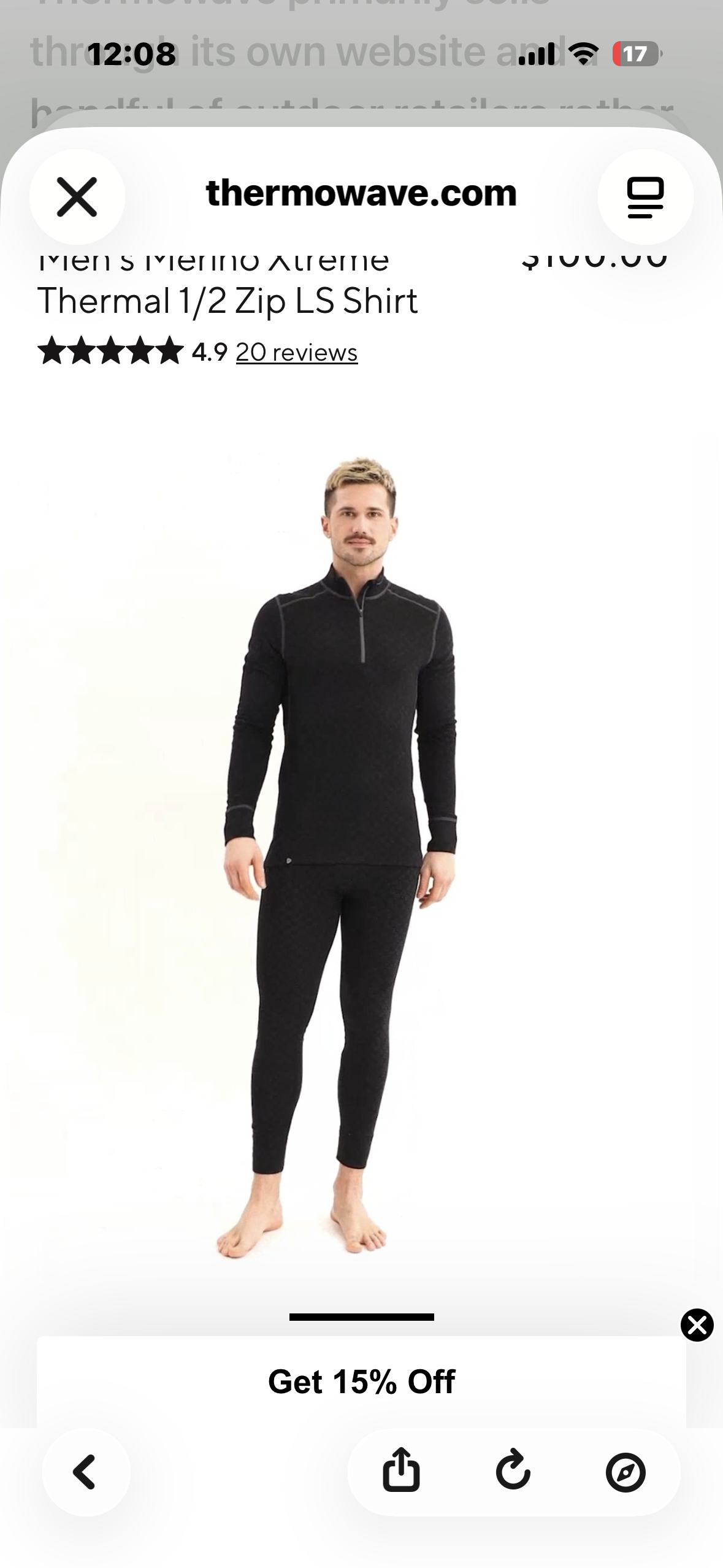 Thermowave Merino Xtreme Performance Base Layer,     Men’s Long Sleeve 1/2 Zip (Size XXL)