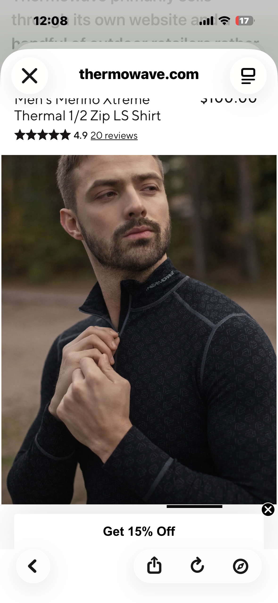 Thermowave Merino Xtreme Performance Base Layer,     Men’s Long Sleeve 1/2 Zip (Size XXL)