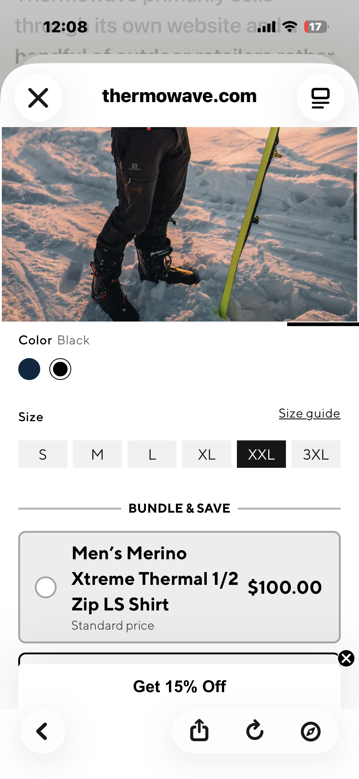 Thermowave Merino Xtreme Performance Base Layer,     Men’s Long Sleeve 1/2 Zip (Size XXL)