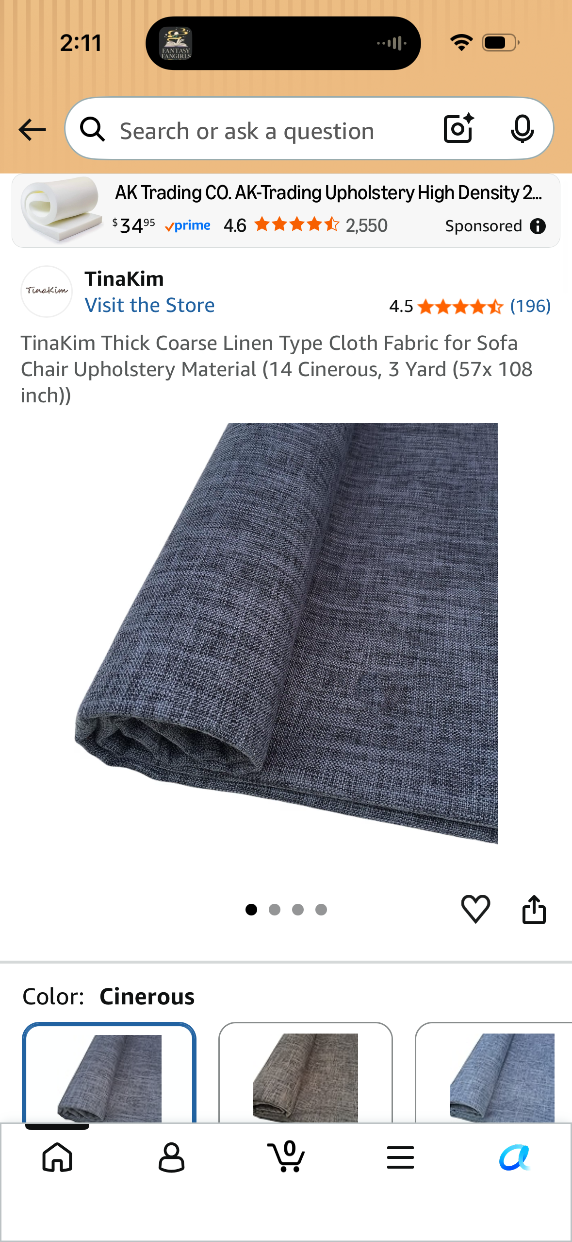 TinaKim Thick Coarse Linen Type Cloth Fabric for Sofa Chair Upholstery Material (14 Cinerous, 3 Yard (57x 108 inch))