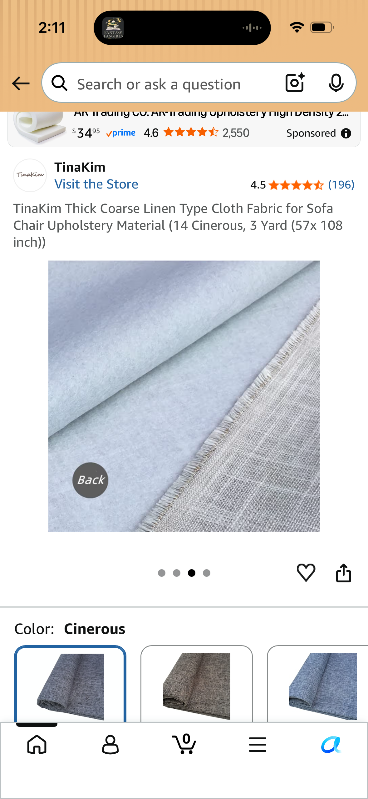 TinaKim Thick Coarse Linen Type Cloth Fabric for Sofa Chair Upholstery Material (14 Cinerous, 3 Yard (57x 108 inch))