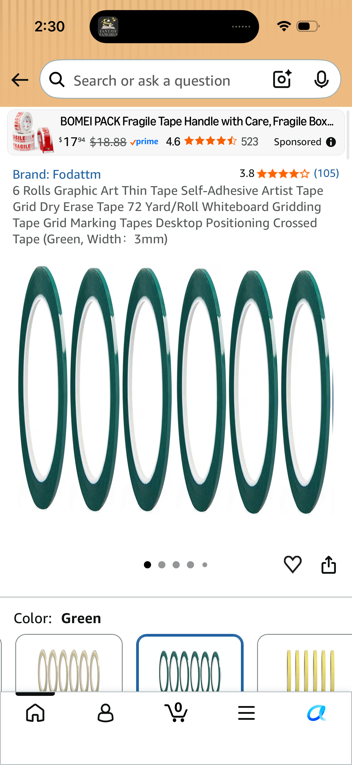 6 Rolls Graphic Art Thin Tape Self-Adhesive Artist Tape Grid Dry Erase Tape 72 Yard/Roll Whiteboard Gridding Tape Grid Marking Tapes Desktop Positioning Crossed Tape (Green, Width：3mm)