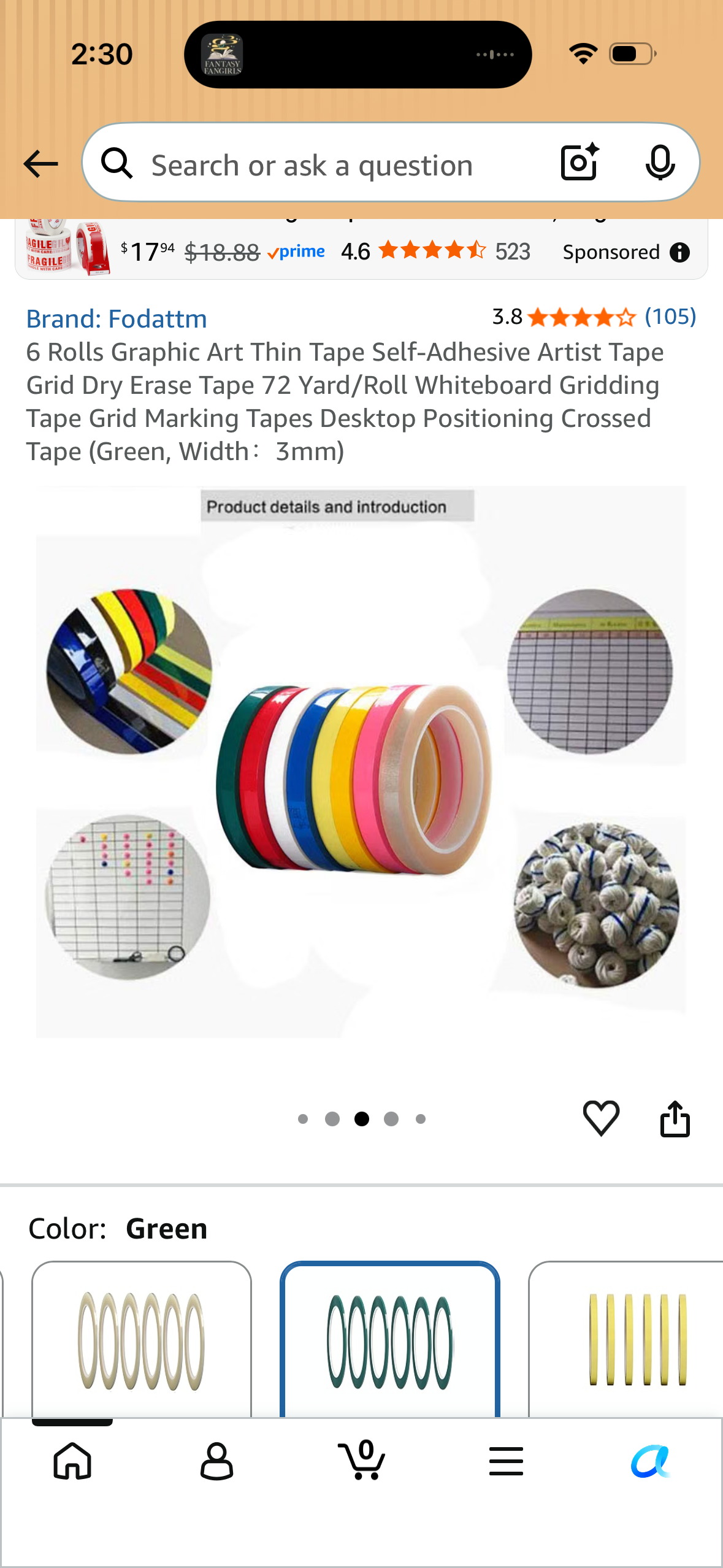 6 Rolls Graphic Art Thin Tape Self-Adhesive Artist Tape Grid Dry Erase Tape 72 Yard/Roll Whiteboard Gridding Tape Grid Marking Tapes Desktop Positioning Crossed Tape (Green, Width：3mm)