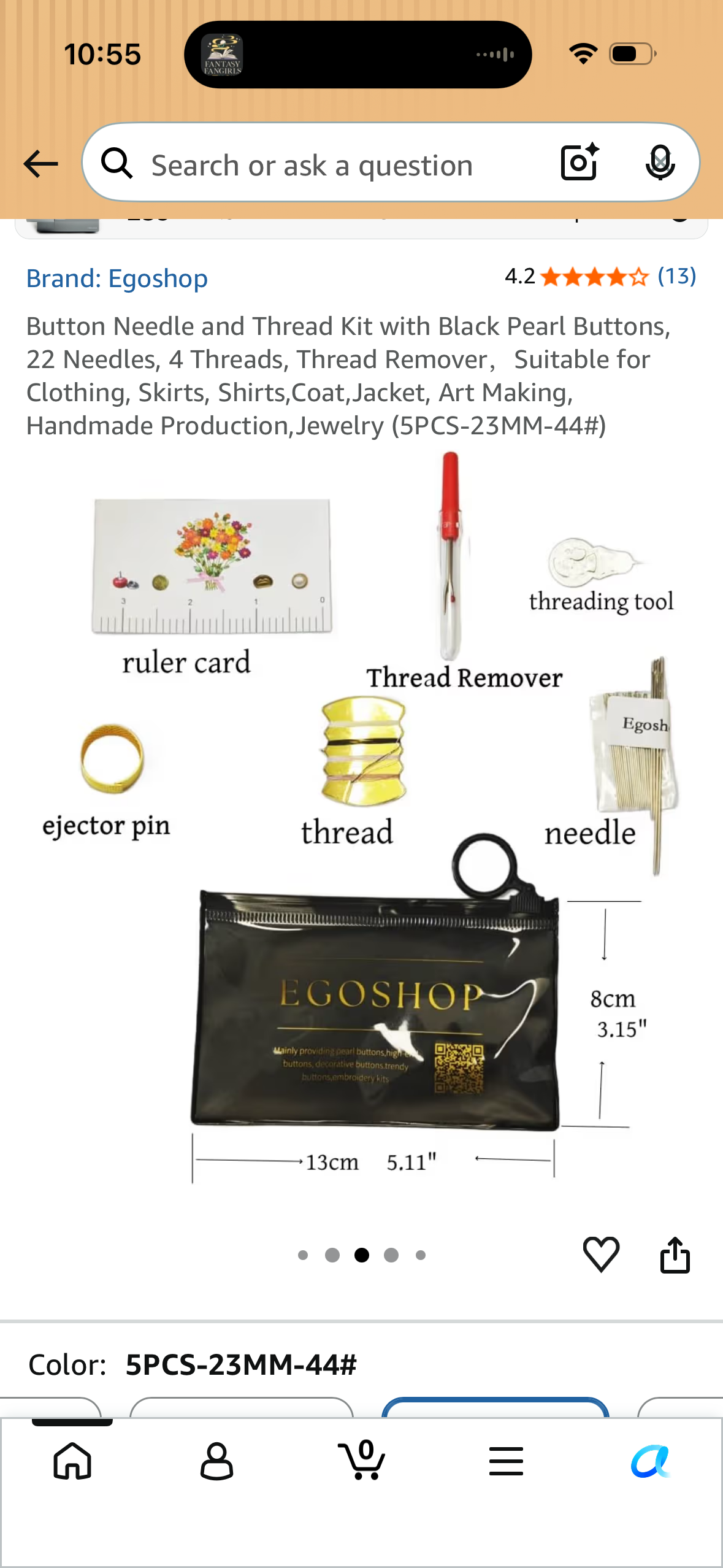 Button Needle and Thread Kit with 10 Pcs 18mm Gold Net Black Pearl Buttons, 22 Needles, 4 Threads, Thread Remover，Suitable for Clothing, Skirts, Handmade Production, Jewelry (10pcs-18mm-48#)