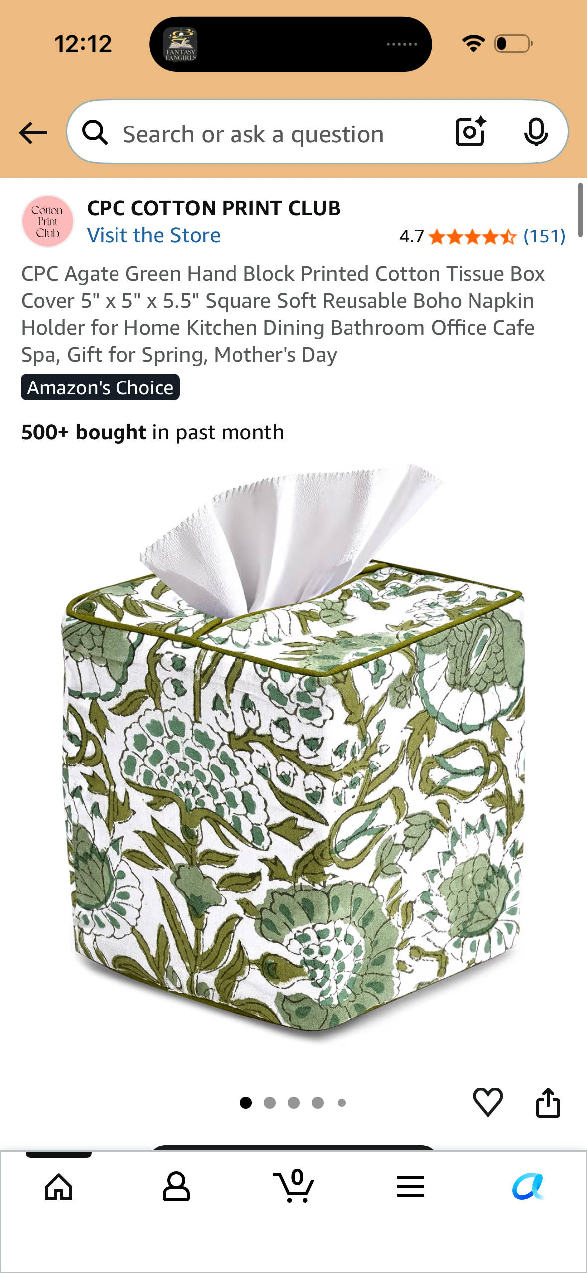 CPC Agate Green Hand Block Printed Cotton Tissue Box Cover 5" x 5" x 5.5" Square Soft Reusable Boho Napkin Holder for Home Kitchen Dining Bathroom Office Cafe Spa, Gift for Spring, Mother's Day