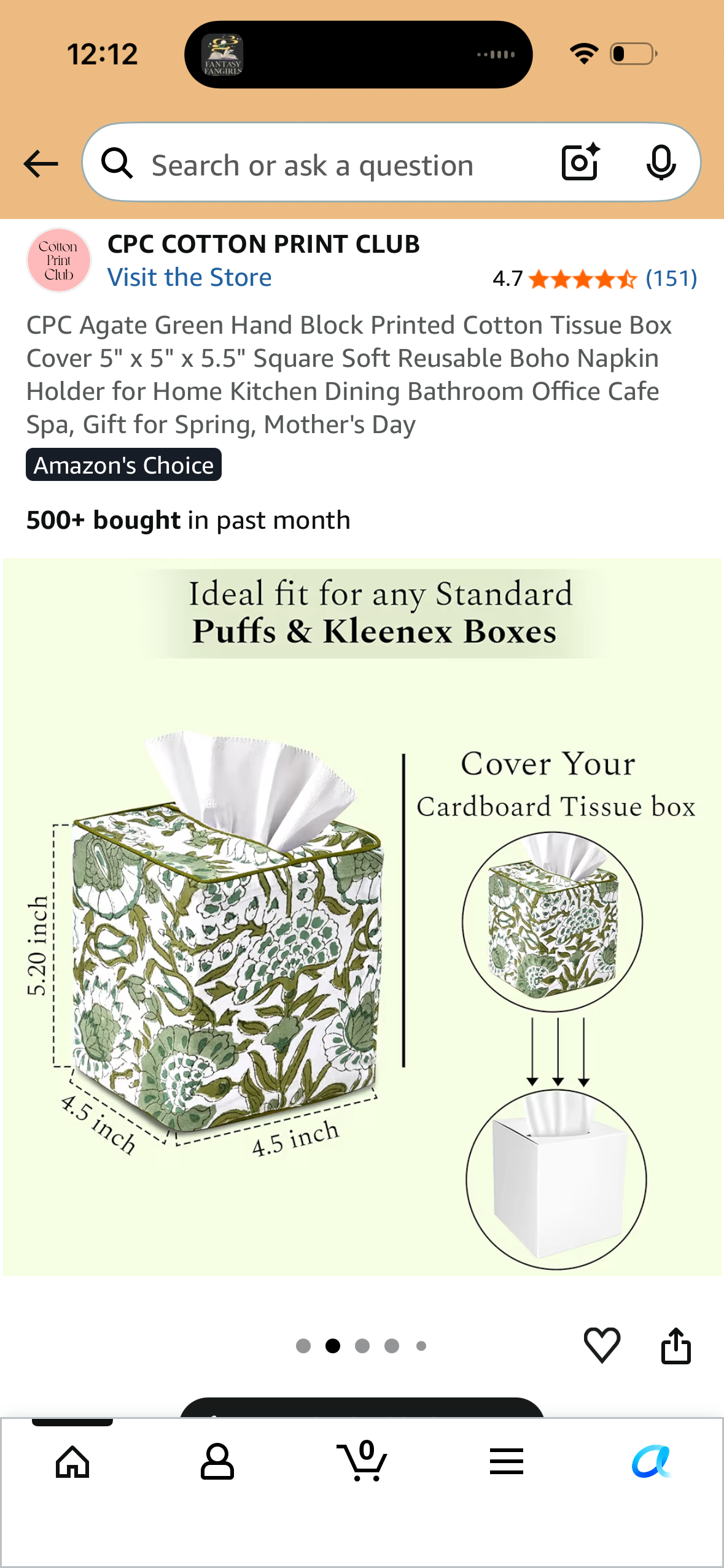 CPC Agate Green Hand Block Printed Cotton Tissue Box Cover 5" x 5" x 5.5" Square Soft Reusable Boho Napkin Holder for Home Kitchen Dining Bathroom Office Cafe Spa, Gift for Spring, Mother's Day
