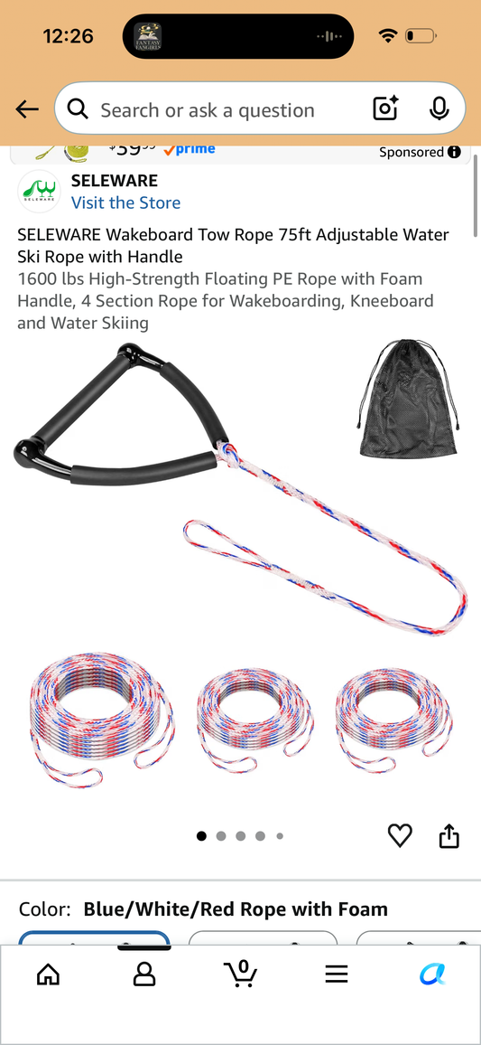SELEWARE Wakeboard Tow Rope 75ft Adjustable Water Ski Rope with Handle 1600 lbs High-Strength Floating PE Rope with Foam Handle, 4 Section Rope for Wakeboarding, Kneeboard and Water Skiing