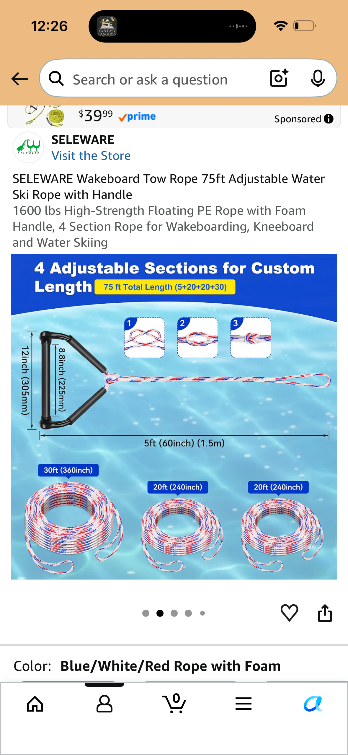 SELEWARE Wakeboard Tow Rope 75ft Adjustable Water Ski Rope with Handle 1600 lbs High-Strength Floating PE Rope with Foam Handle, 4 Section Rope for Wakeboarding, Kneeboard and Water Skiing