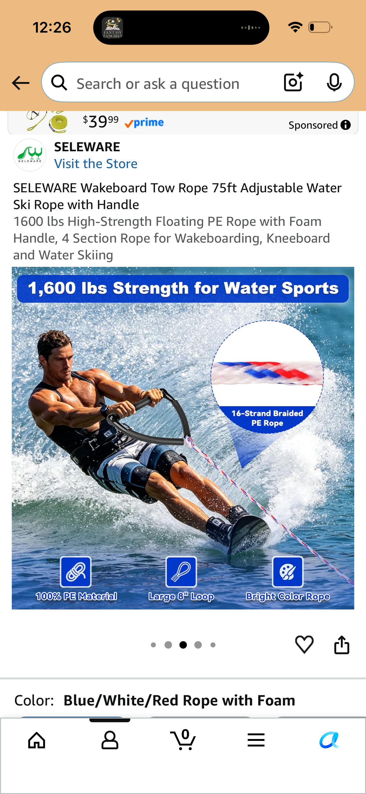 SELEWARE Wakeboard Tow Rope 75ft Adjustable Water Ski Rope with Handle 1600 lbs High-Strength Floating PE Rope with Foam Handle, 4 Section Rope for Wakeboarding, Kneeboard and Water Skiing