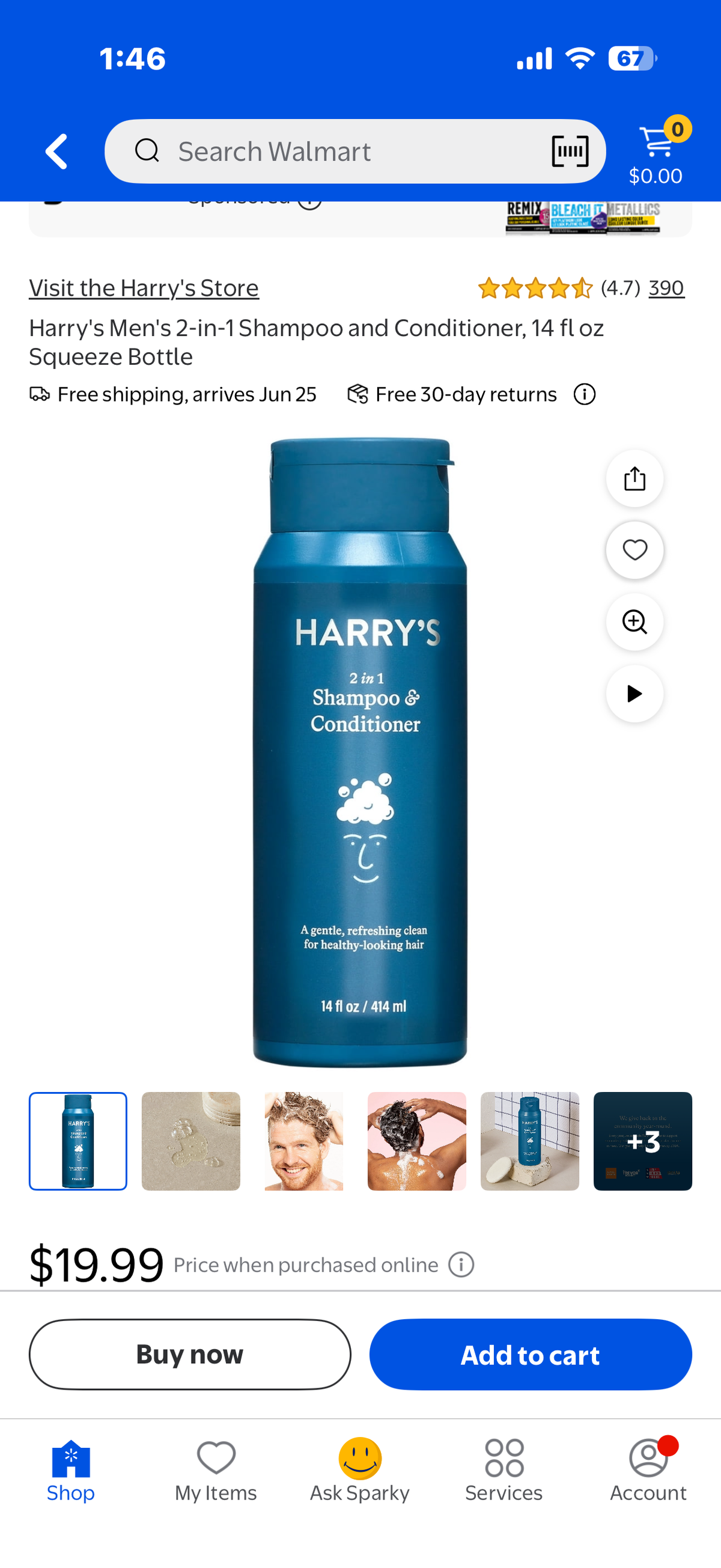 Harry's Men's 2-in-1 Shampoo and Conditioner, 14 fl oz Squeeze Bottle
