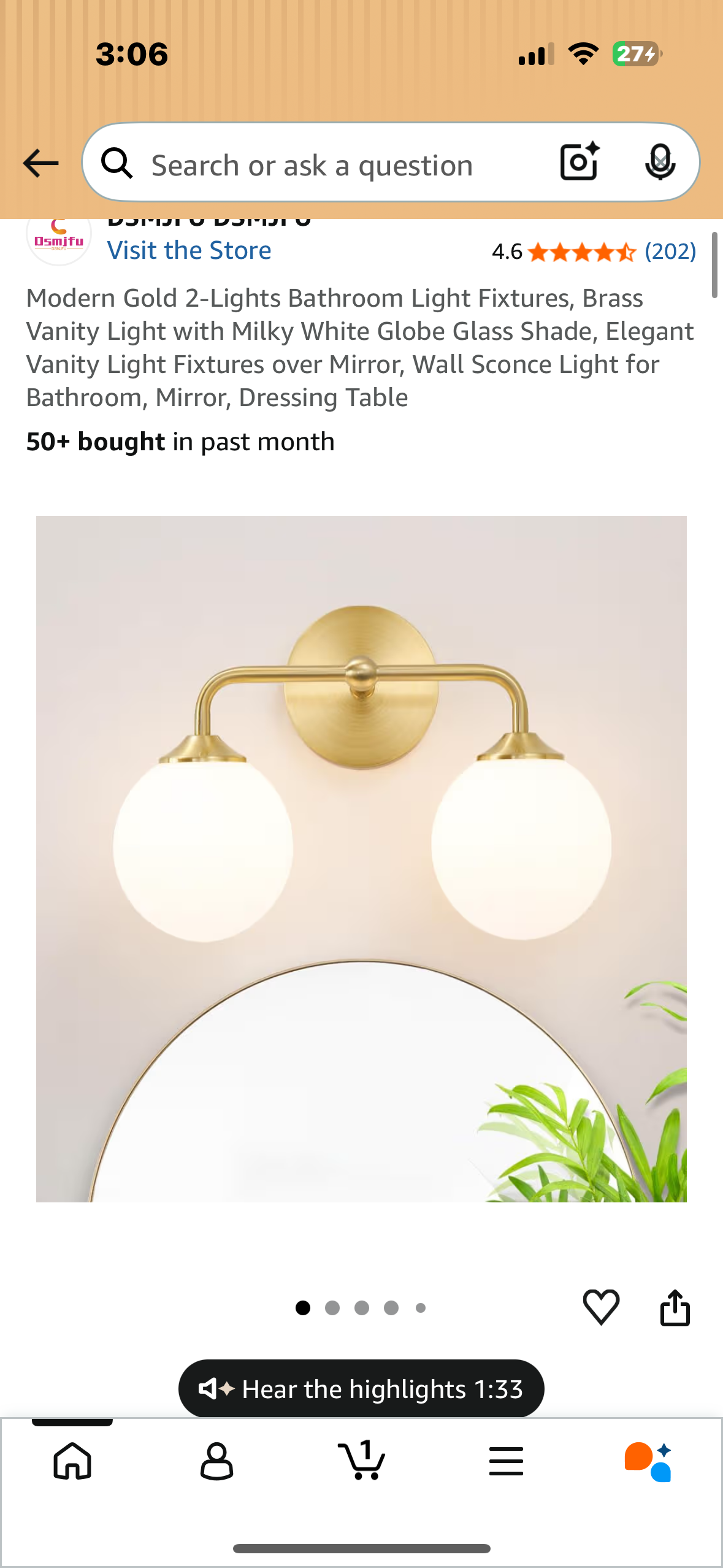 Gold Bathroom Vanity Lights, (2-Light, 14-inch) Modern Vanity Light Fixtures, Frosted Glass Globes