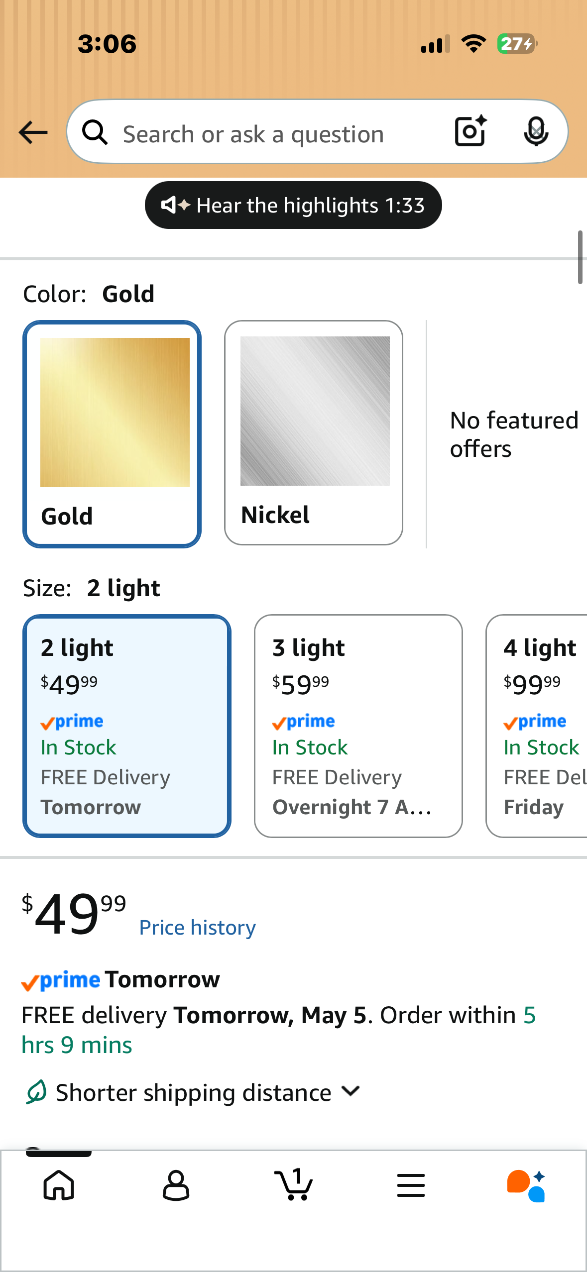 Gold Bathroom Vanity Lights, (2-Light, 14-inch) Modern Vanity Light Fixtures, Frosted Glass Globes