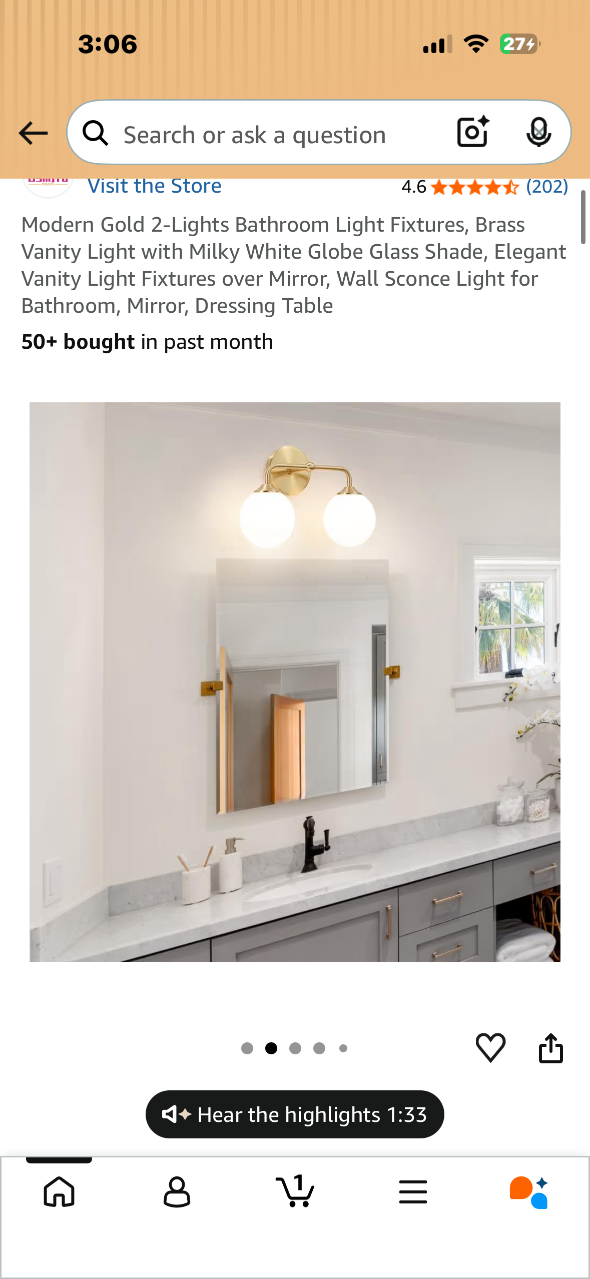 Gold Bathroom Vanity Lights, (2-Light, 14-inch) Modern Vanity Light Fixtures, Frosted Glass Globes