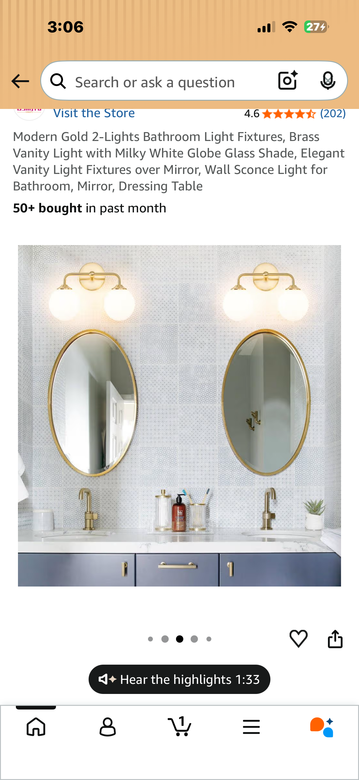 Gold Bathroom Vanity Lights, (2-Light, 14-inch) Modern Vanity Light Fixtures, Frosted Glass Globes