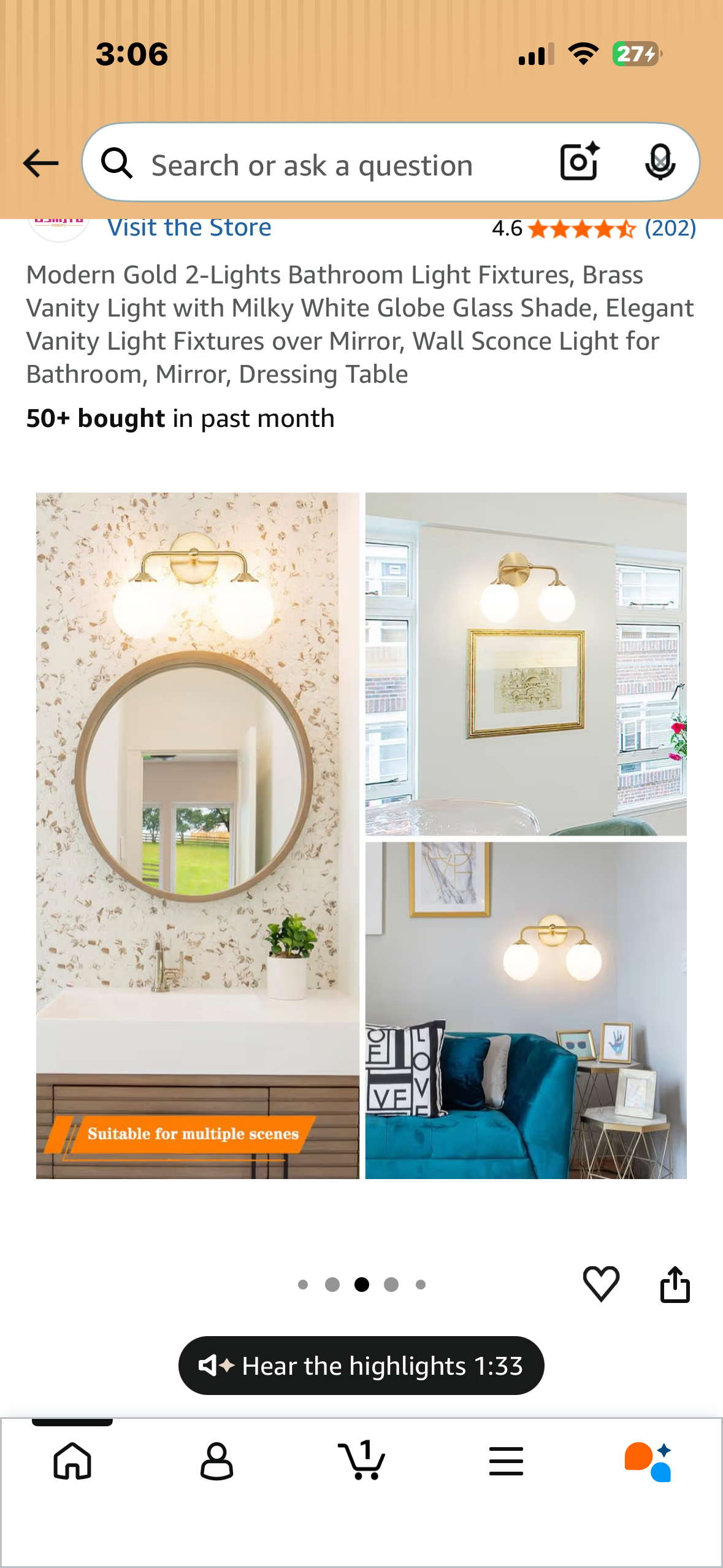 Gold Bathroom Vanity Lights, (2-Light, 14-inch) Modern Vanity Light Fixtures, Frosted Glass Globes