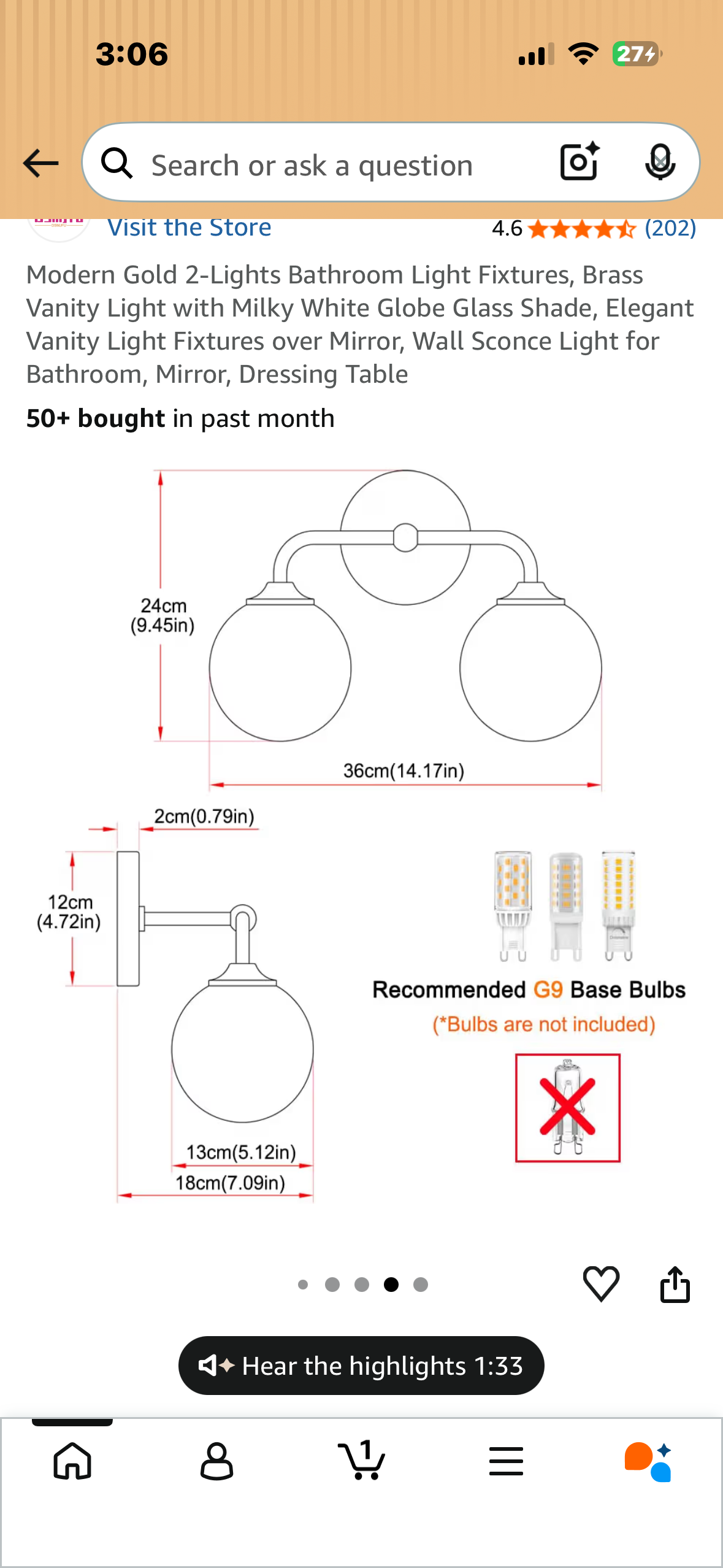 Gold Bathroom Vanity Lights, (2-Light, 14-inch) Modern Vanity Light Fixtures, Frosted Glass Globes