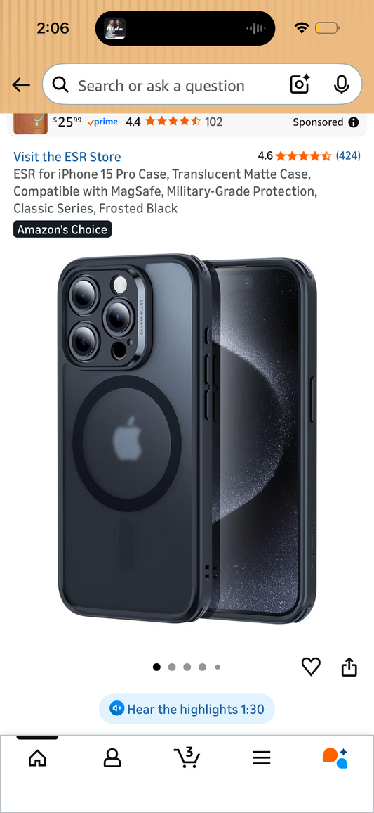 ESR for iPhone 15 Pro Case, Translucent Matte Case, Compatible with MagSafe, Military-Grade Protection, Classic Series, Frosted Black