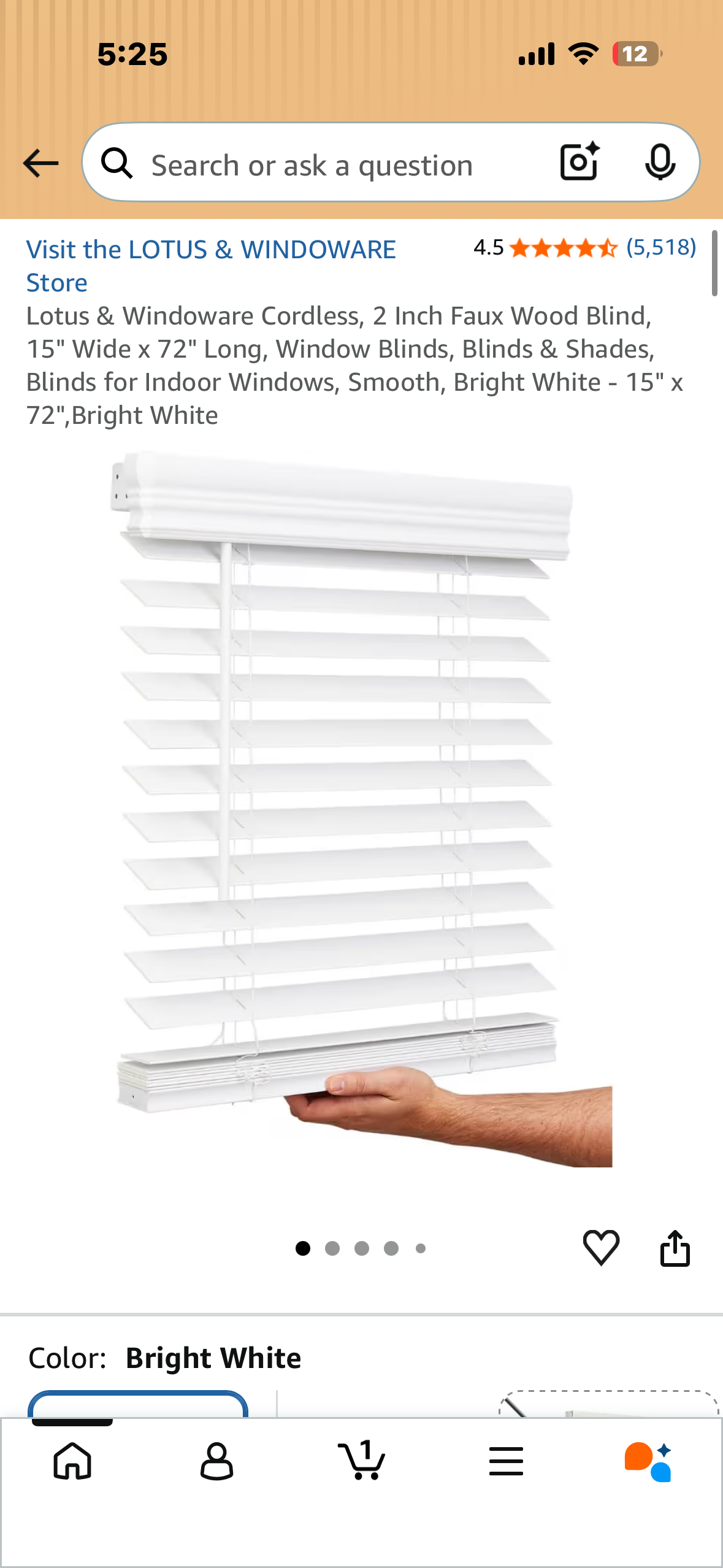 Lotus & Windoware Cordless, 2 Inch Faux Wood Blind, 15" Wide x 72" Long, Window Blinds, for Indoor Windows, Smooth, Bright White - 15" x 72",Bright White
