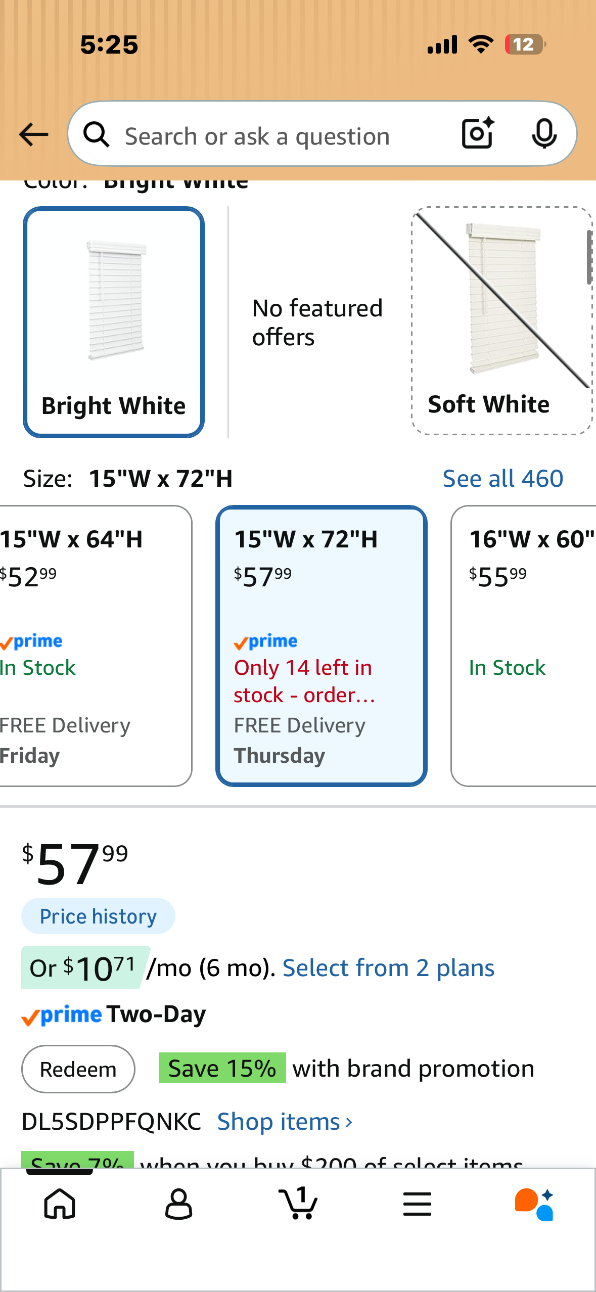 Lotus & Windoware Cordless, 2 Inch Faux Wood Blind, 15" Wide x 72" Long, Window Blinds, for Indoor Windows, Smooth, Bright White - 15" x 72",Bright White