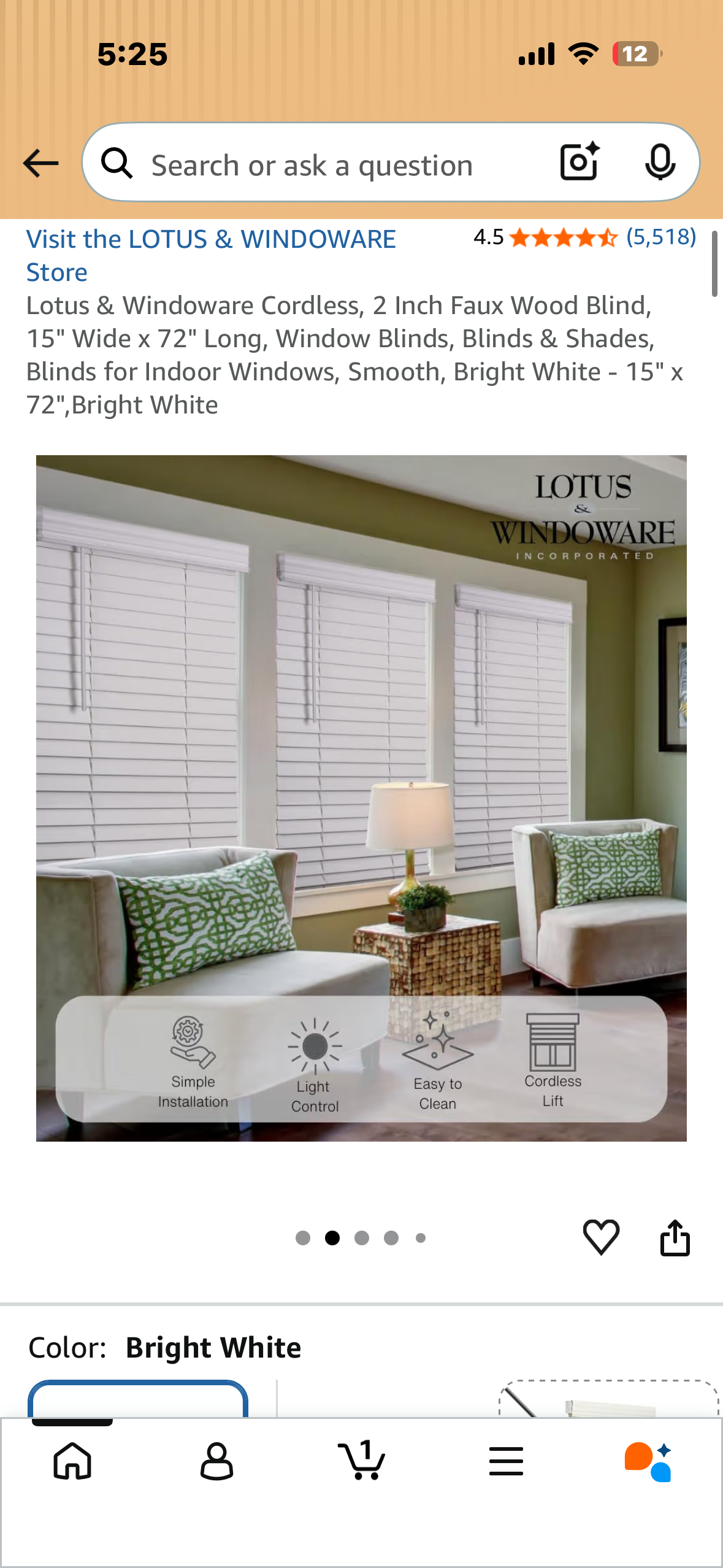 Lotus & Windoware Cordless, 2 Inch Faux Wood Blind, 15" Wide x 72" Long, Window Blinds, for Indoor Windows, Smooth, Bright White - 15" x 72",Bright White