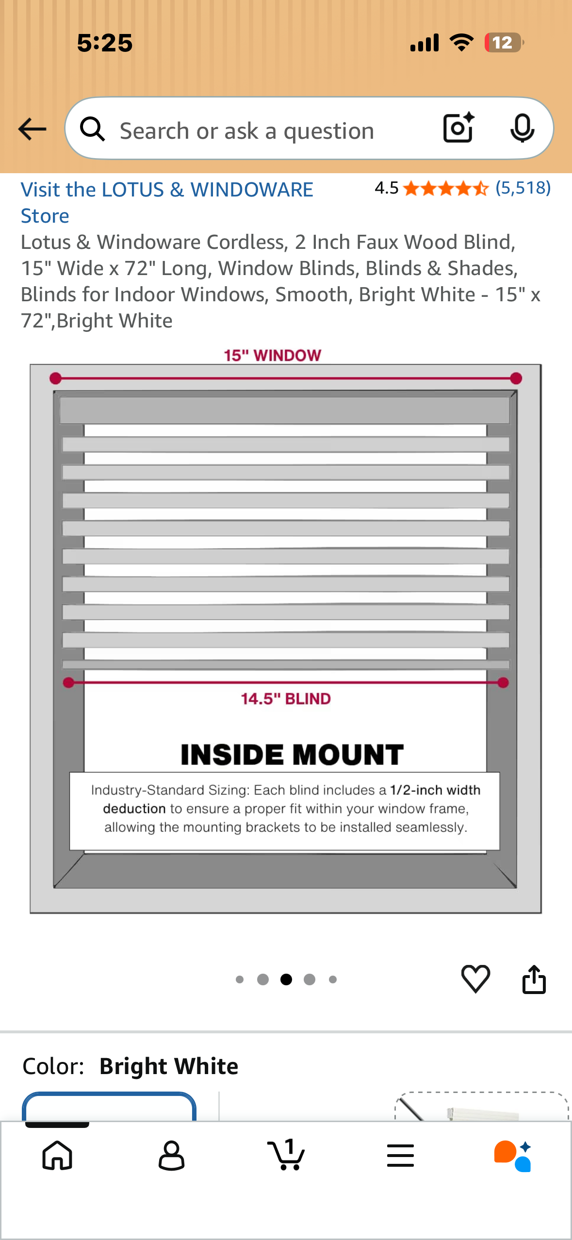 Lotus & Windoware Cordless, 2 Inch Faux Wood Blind, 15" Wide x 72" Long, Window Blinds, for Indoor Windows, Smooth, Bright White - 15" x 72",Bright White