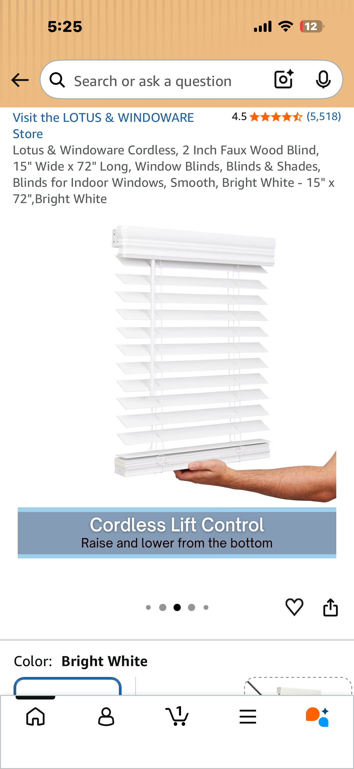 Lotus & Windoware Cordless, 2 Inch Faux Wood Blind, 15" Wide x 72" Long, Window Blinds, for Indoor Windows, Smooth, Bright White - 15" x 72",Bright White
