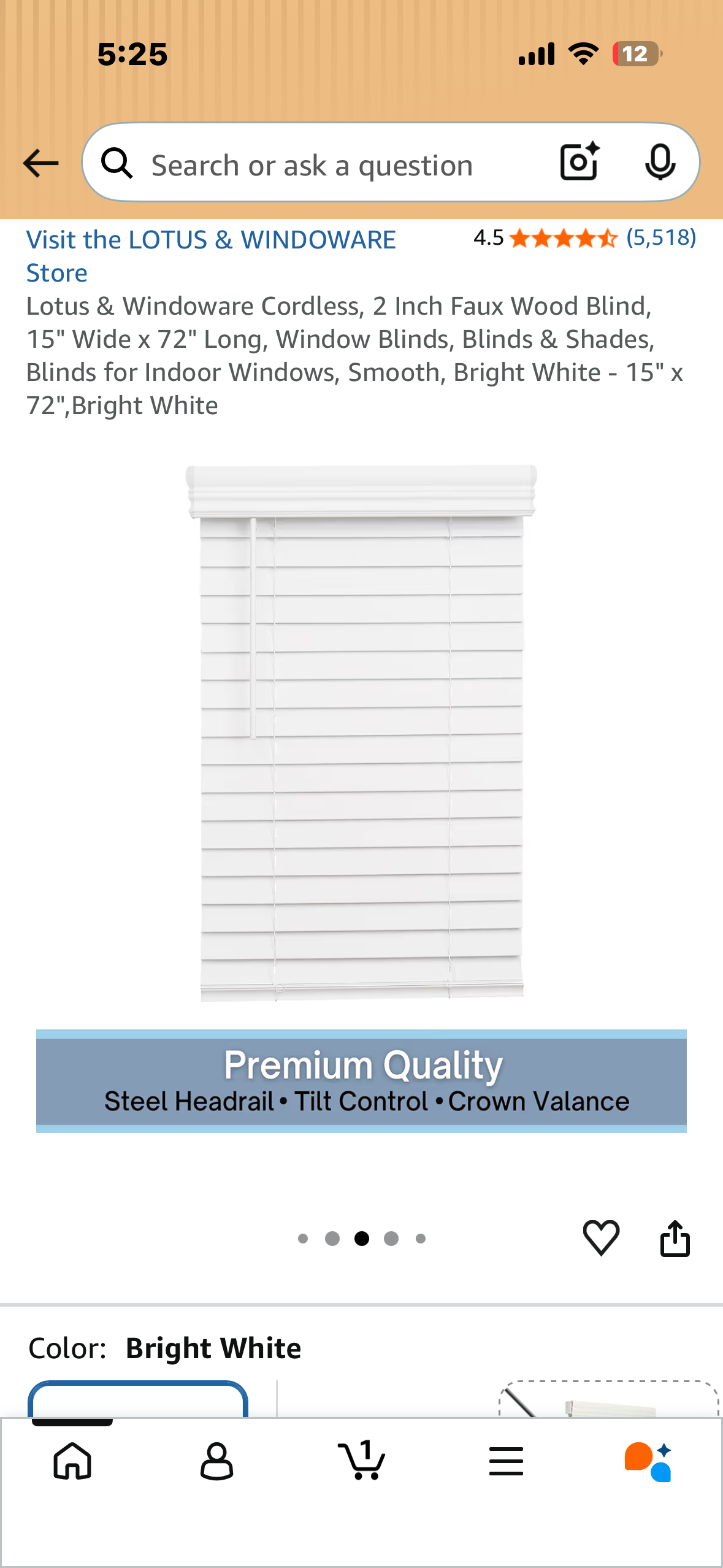 Lotus & Windoware Cordless, 2 Inch Faux Wood Blind, 15" Wide x 72" Long, Window Blinds, for Indoor Windows, Smooth, Bright White - 15" x 72",Bright White