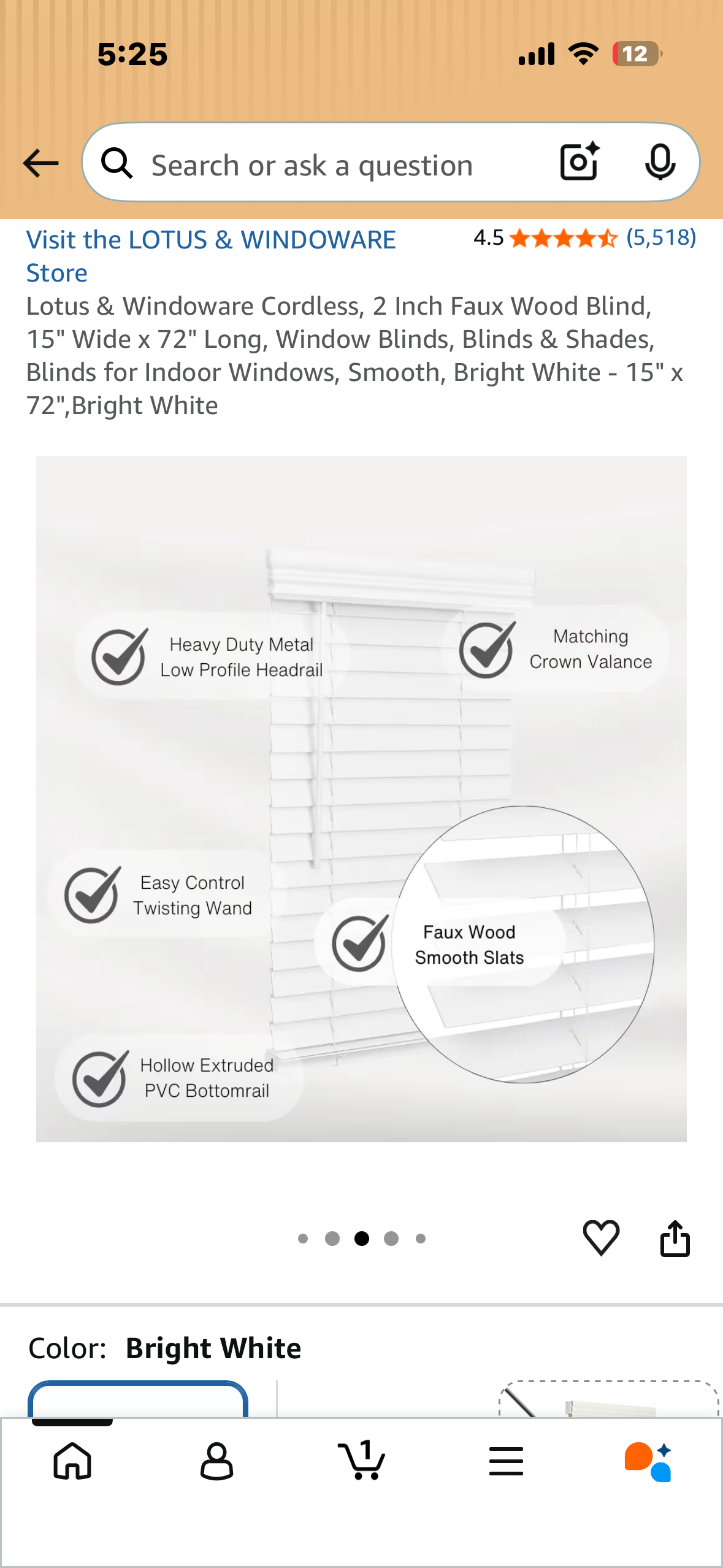Lotus & Windoware Cordless, 2 Inch Faux Wood Blind, 15" Wide x 72" Long, Window Blinds, for Indoor Windows, Smooth, Bright White - 15" x 72",Bright White