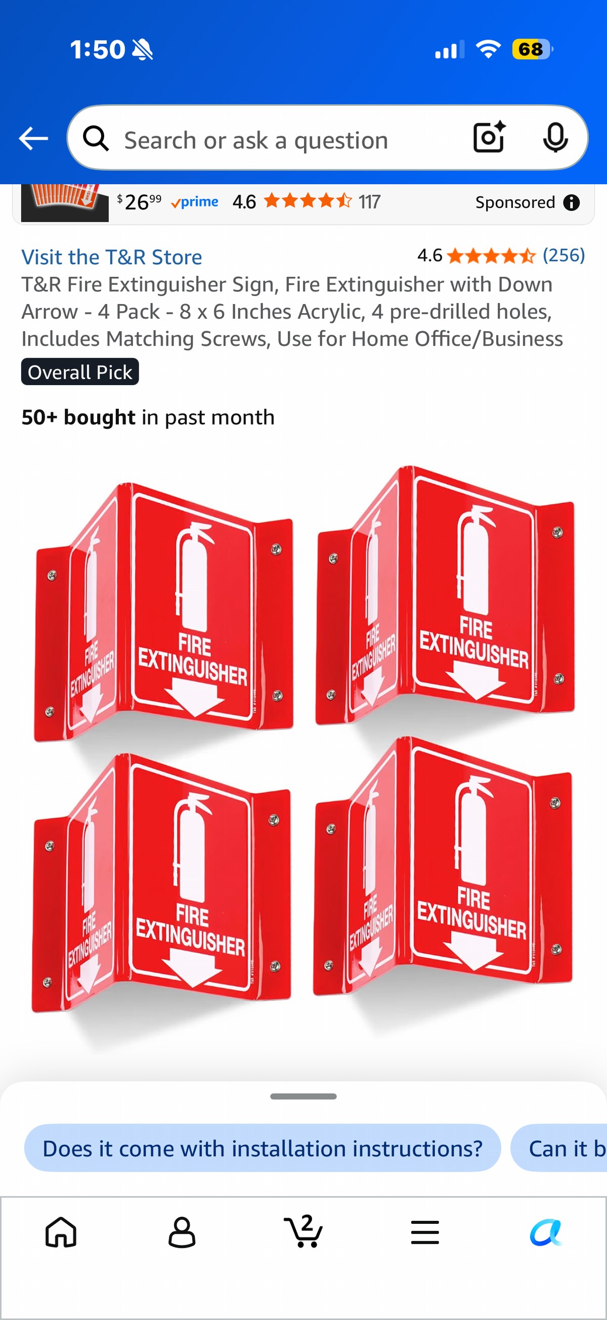 T&R Fire Extinguisher Sign, Fire Extinguisher with Down Arrow - 4 Pack - 8 x 6 Inches Acrylic, 4 pre-drilled holes, Includes Matching Screws, Use for Home Office/Business