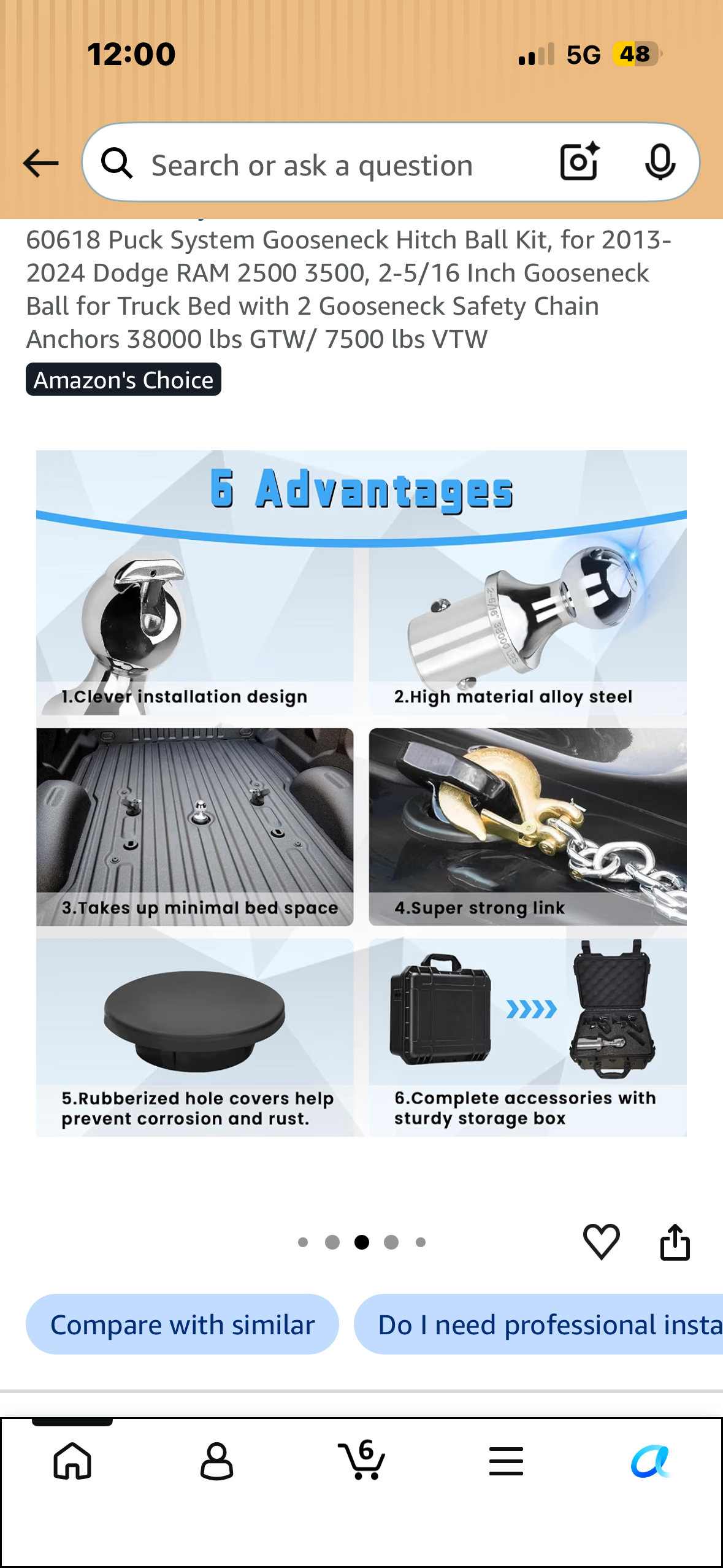 60618 Puck System Gooseneck Hitch Ball Kit, for 2013-2024 Dodge RAM 2500 3500, 2-5/16 Inch Gooseneck Ball for Truck Bed with 2 Gooseneck Safety Chain Anchors 38000 lbs GTW/ 7500 lbs VTW