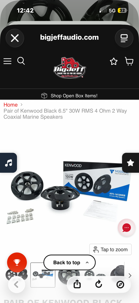Kenwood KFC-1613MRB Marine Motorsports speaker set, 6.5-inch 2-way marine speakers, 100W peak / 30W RMS, Black
