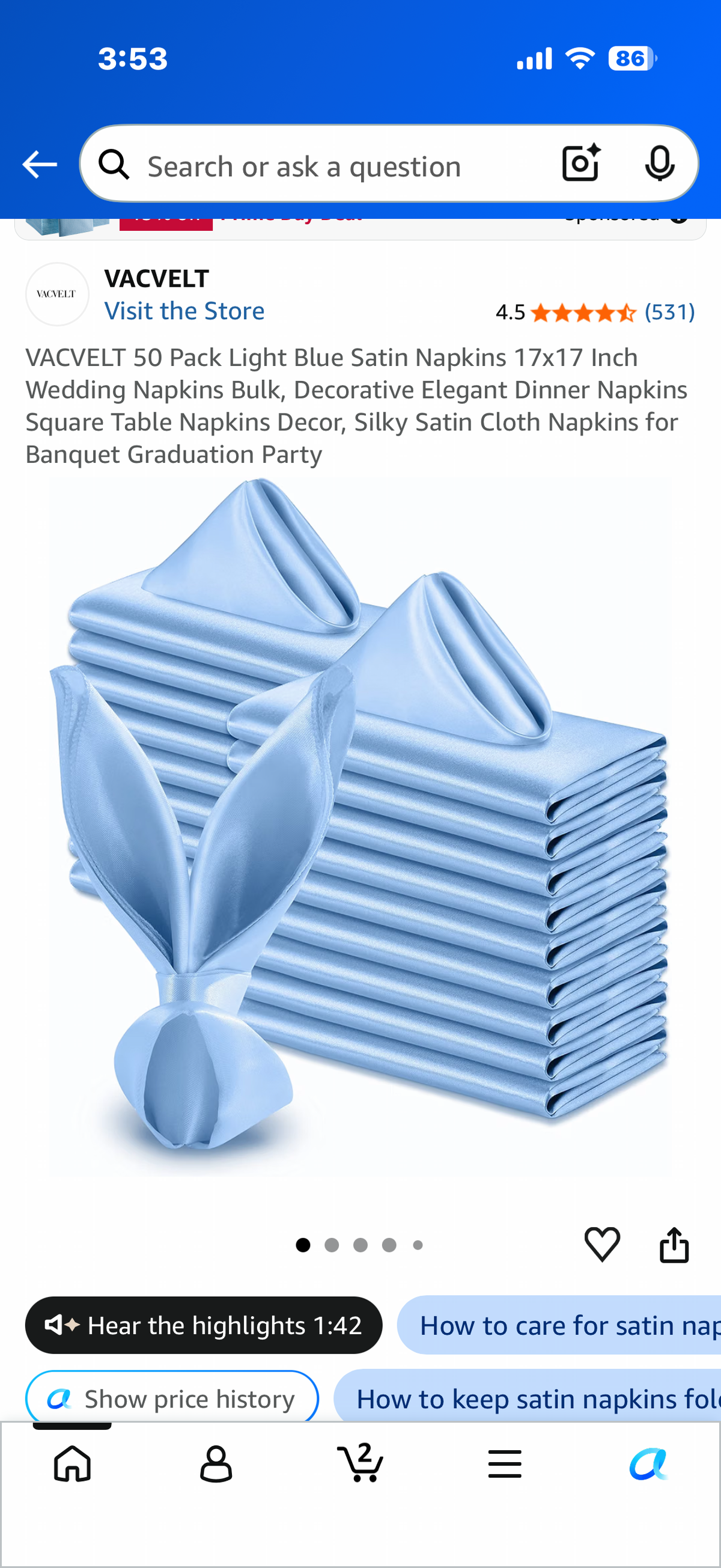 VACVELT 50 Pack Light Blue Satin Napkins 17x17 Inch Wedding Napkins Bulk, Decorative Elegant Dinner Napkins Square Table Napkins Decor, Silky Satin Cloth Napkins for Banquet Graduation Party