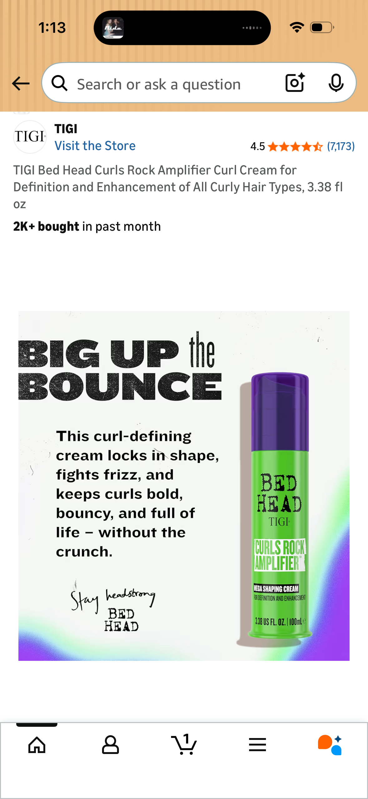 TIGI Bed Head Curls Rock Amplifier Curl Cream for Definition and Enhancement of All Curly Hair Types, 3.38 fl oz