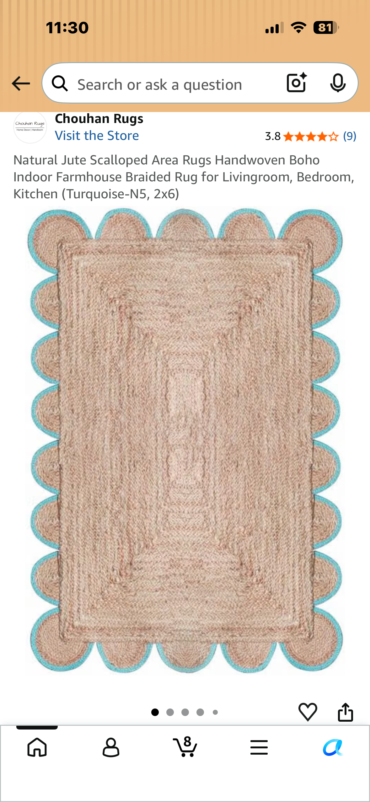 Natural Jute Scalloped Area Rugs Handwoven Boho Indoor Farmhouse Braided Rug for Livingroom, Bedroom, Kitchen (Turquoise-N5, 2x6)