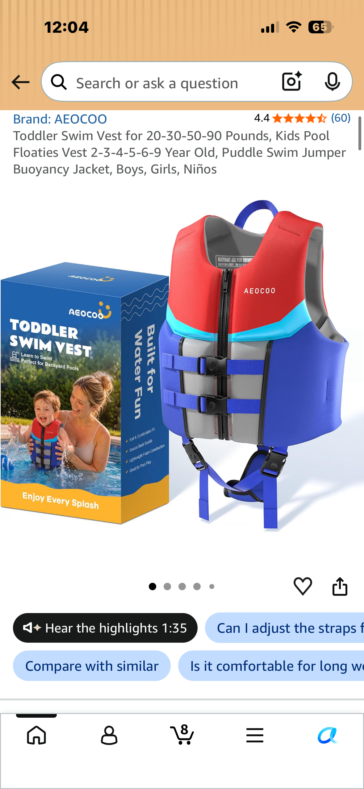 Toddler Swim Vest for 20-30 Pounds, Kids Pool Floaties Vest 2-4 Year Old