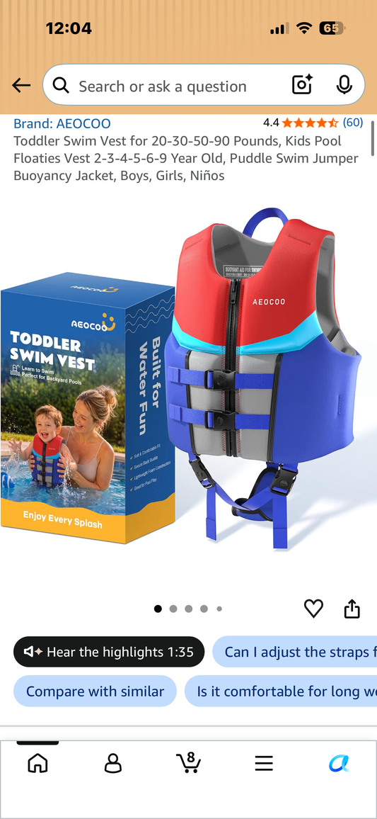Toddler Swim Vest for 20-30 Pounds, Kids Pool Floaties Vest 2-4 Year Old