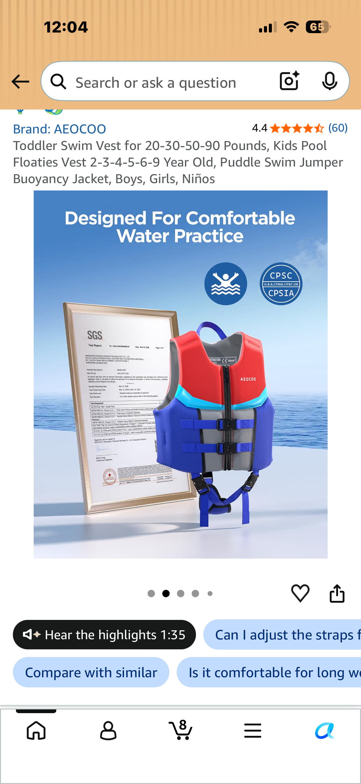 Toddler Swim Vest for 20-30 Pounds, Kids Pool Floaties Vest 2-4 Year Old