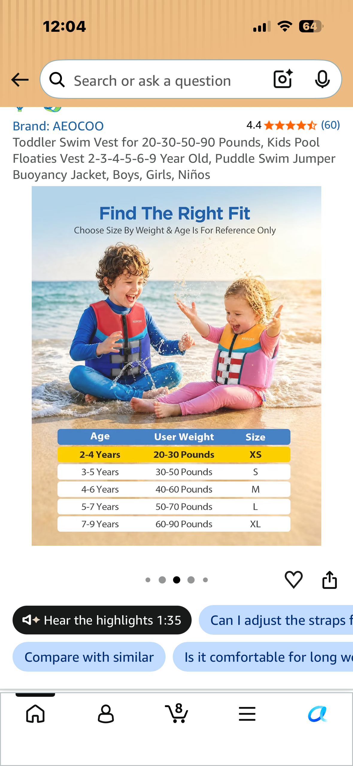 Toddler Swim Vest for 20-30 Pounds, Kids Pool Floaties Vest 2-4 Year Old