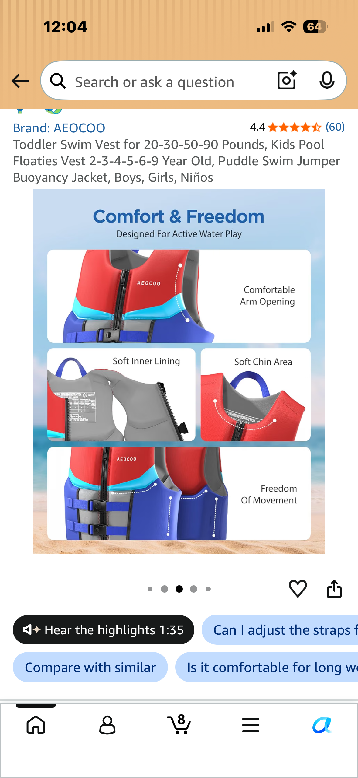 Toddler Swim Vest for 20-30 Pounds, Kids Pool Floaties Vest 2-4 Year Old