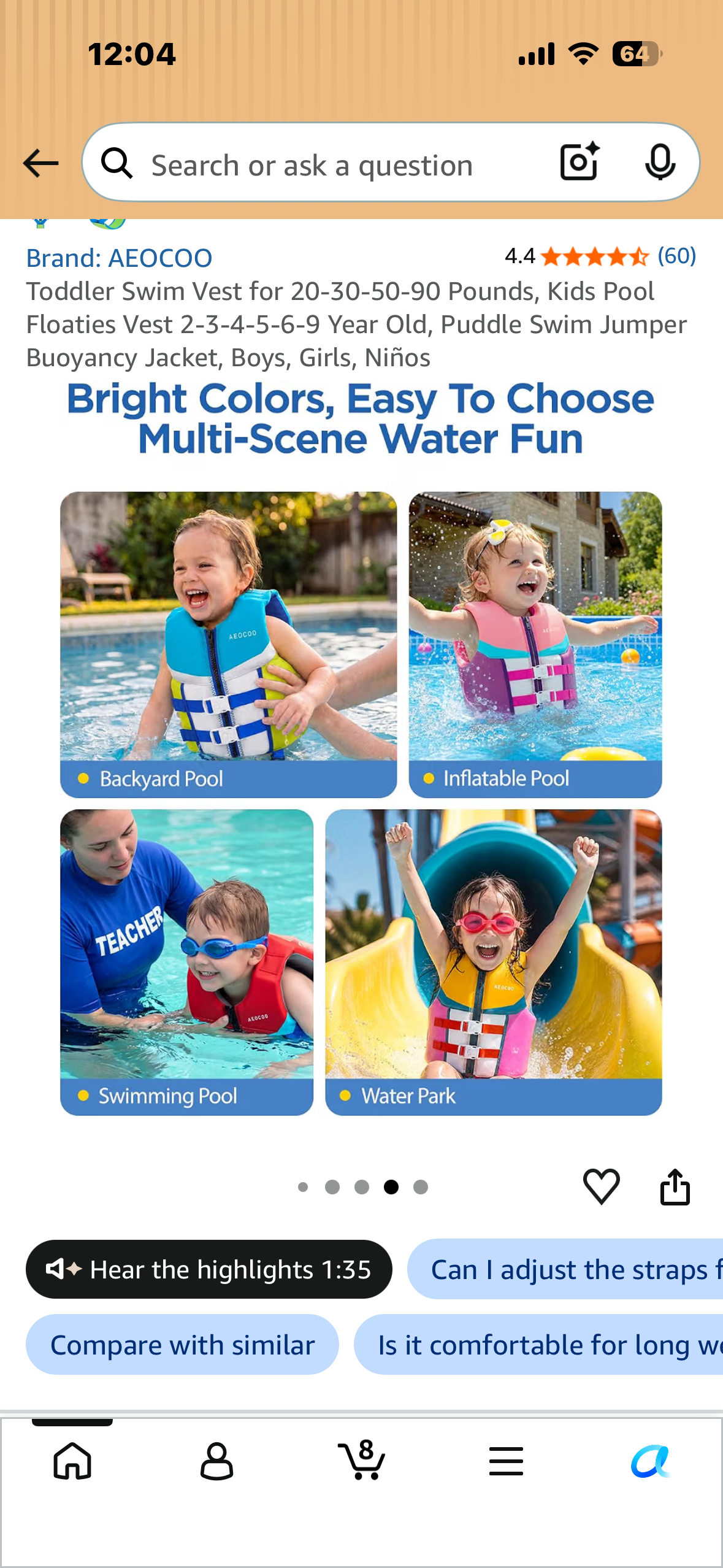 Toddler Swim Vest for 20-30 Pounds, Kids Pool Floaties Vest 2-4 Year Old