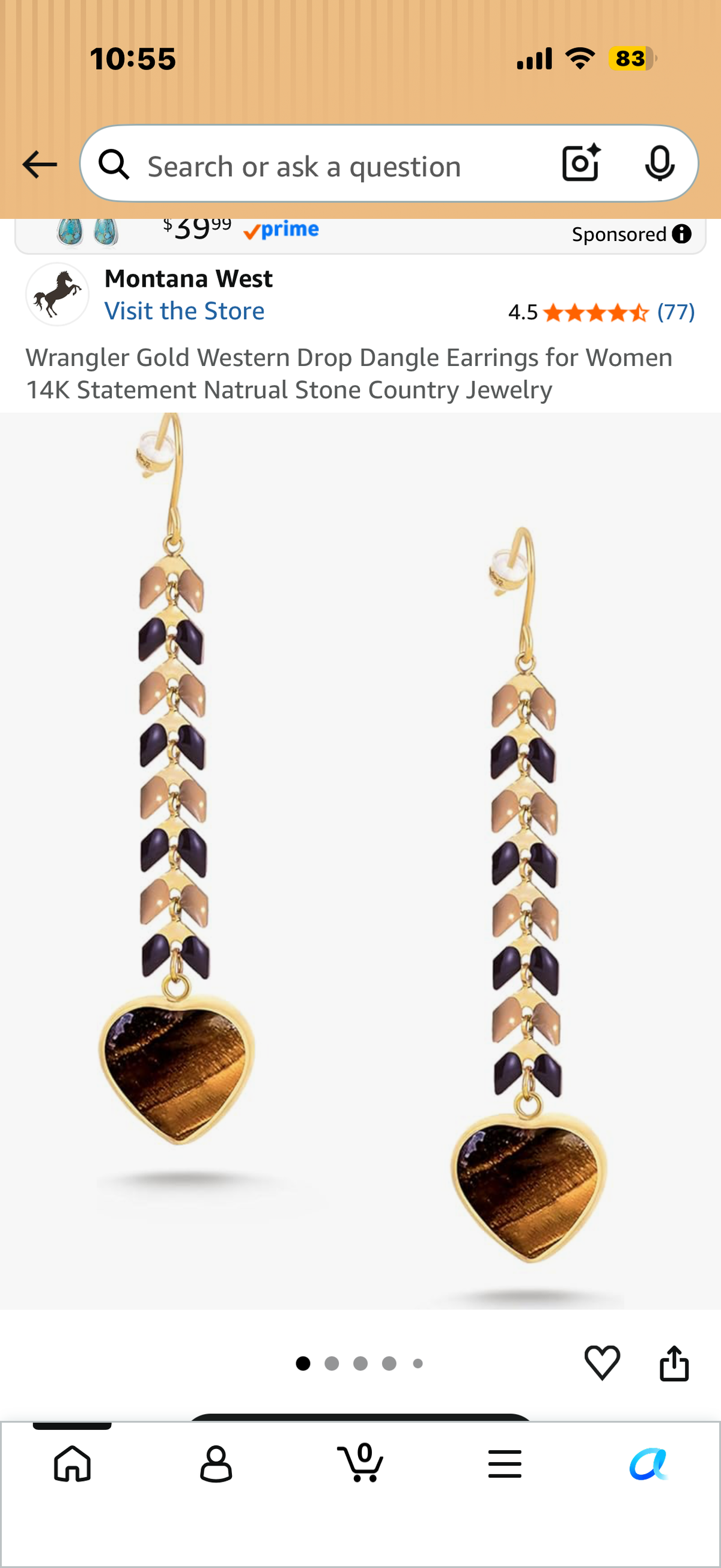 Wrangler Gold Western Drop Dangle Earrings for Women 14K Statement Natrual Stone Country Jewelry