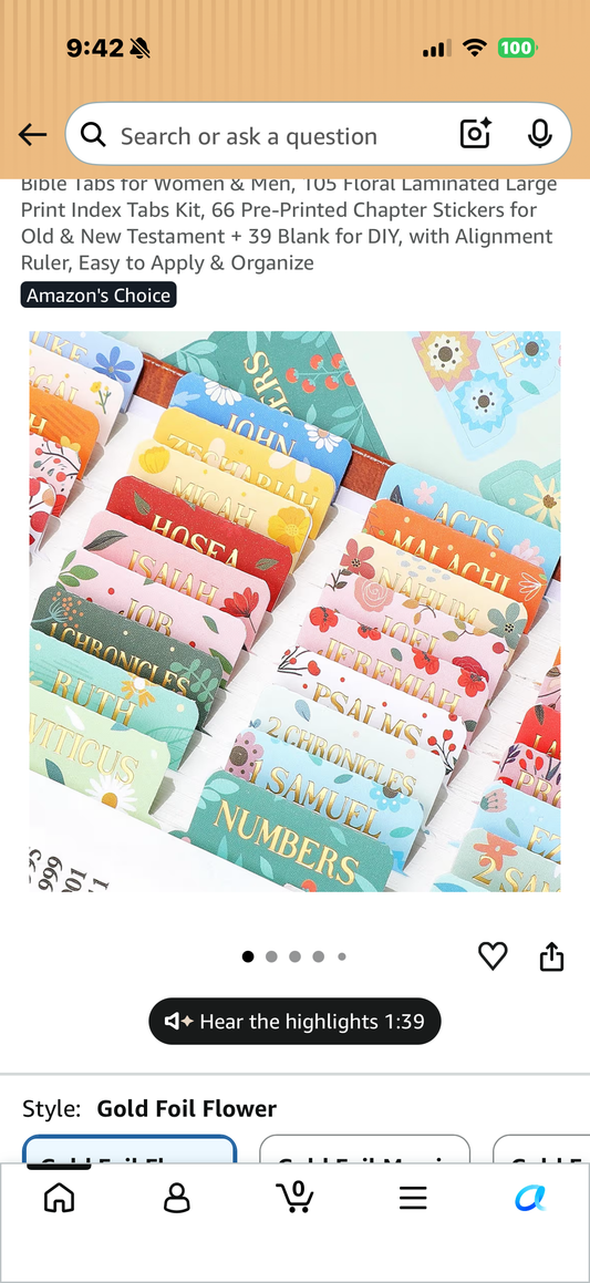 Bible Tabs, 105 Floral Laminated Large Print Index Tabs Kit