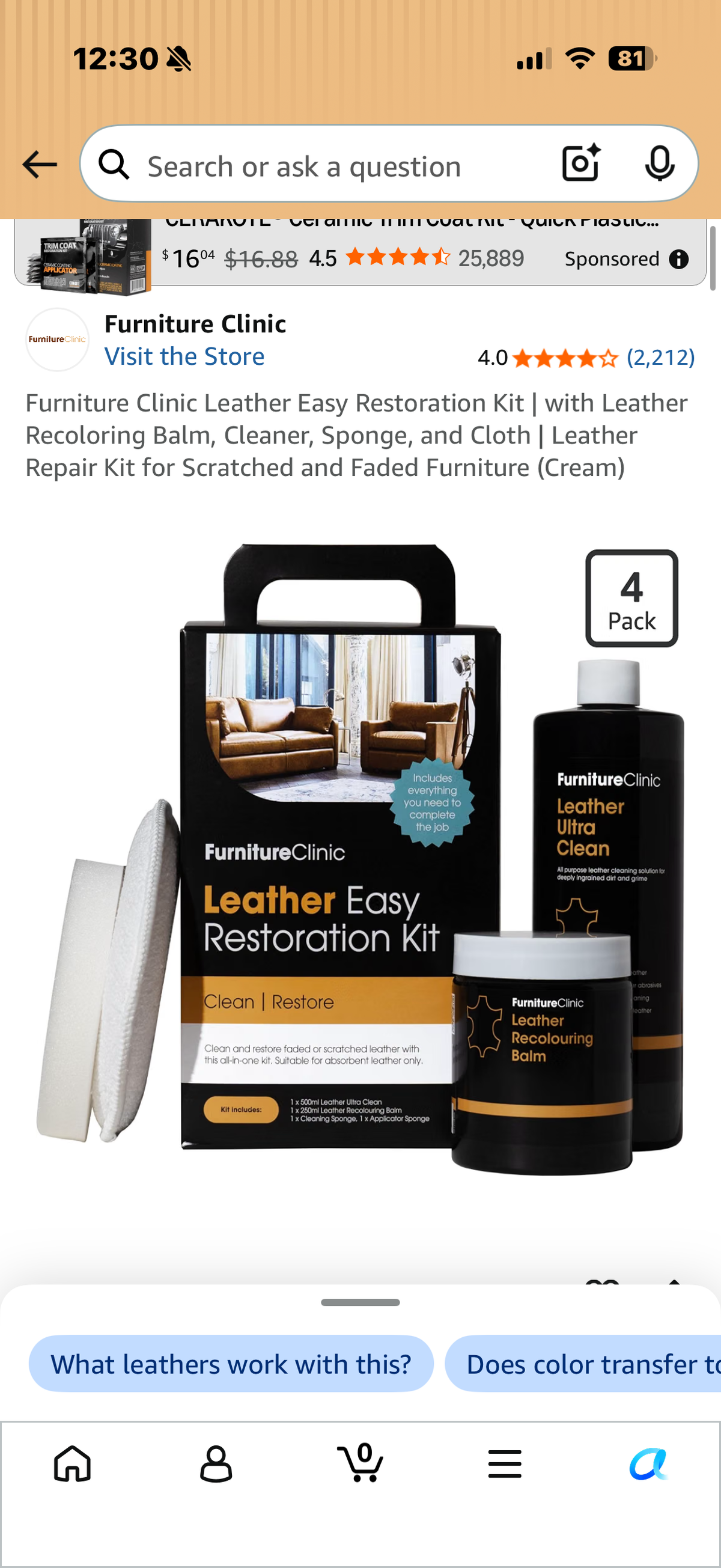 Furniture Clinic Leather Easy Restoration Kit | with Leather Recoloring Balm, Cleaner, Sponge, and Cloth | Leather Repair Kit for Scratched and Faded Furniture (Cream)