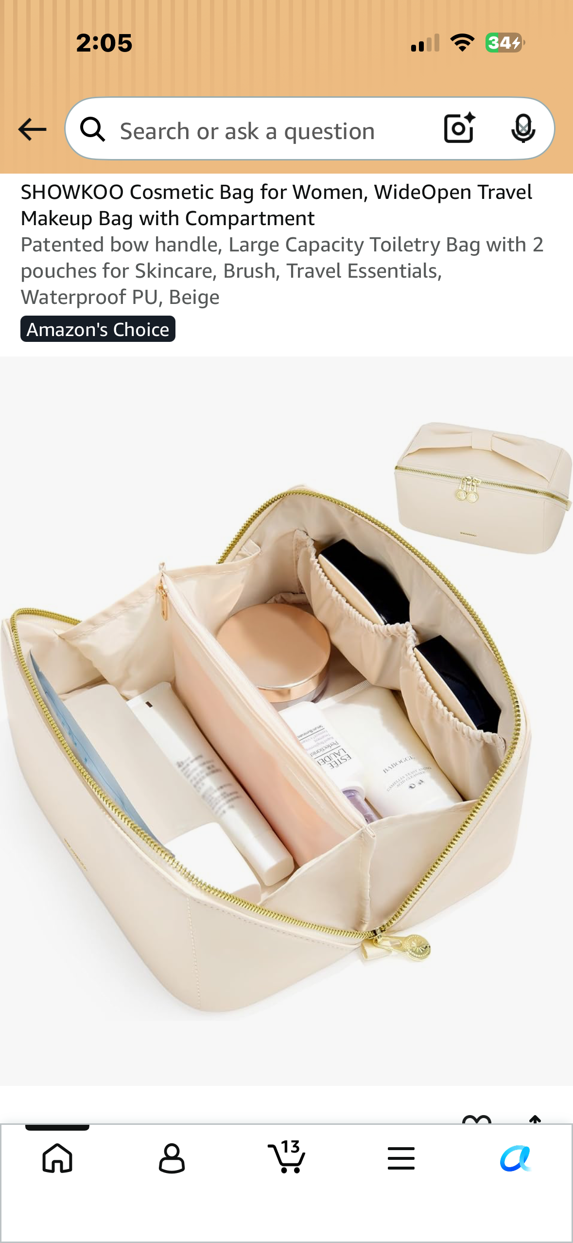 Cosmetic Bag for Women, WideOpen Travel Makeup Bag with Compartment Patented bow handle, Large Capacity Toiletry Bag with 2 pouches for Skincare, Brush, Travel Essentials, Waterproof PU, Beige