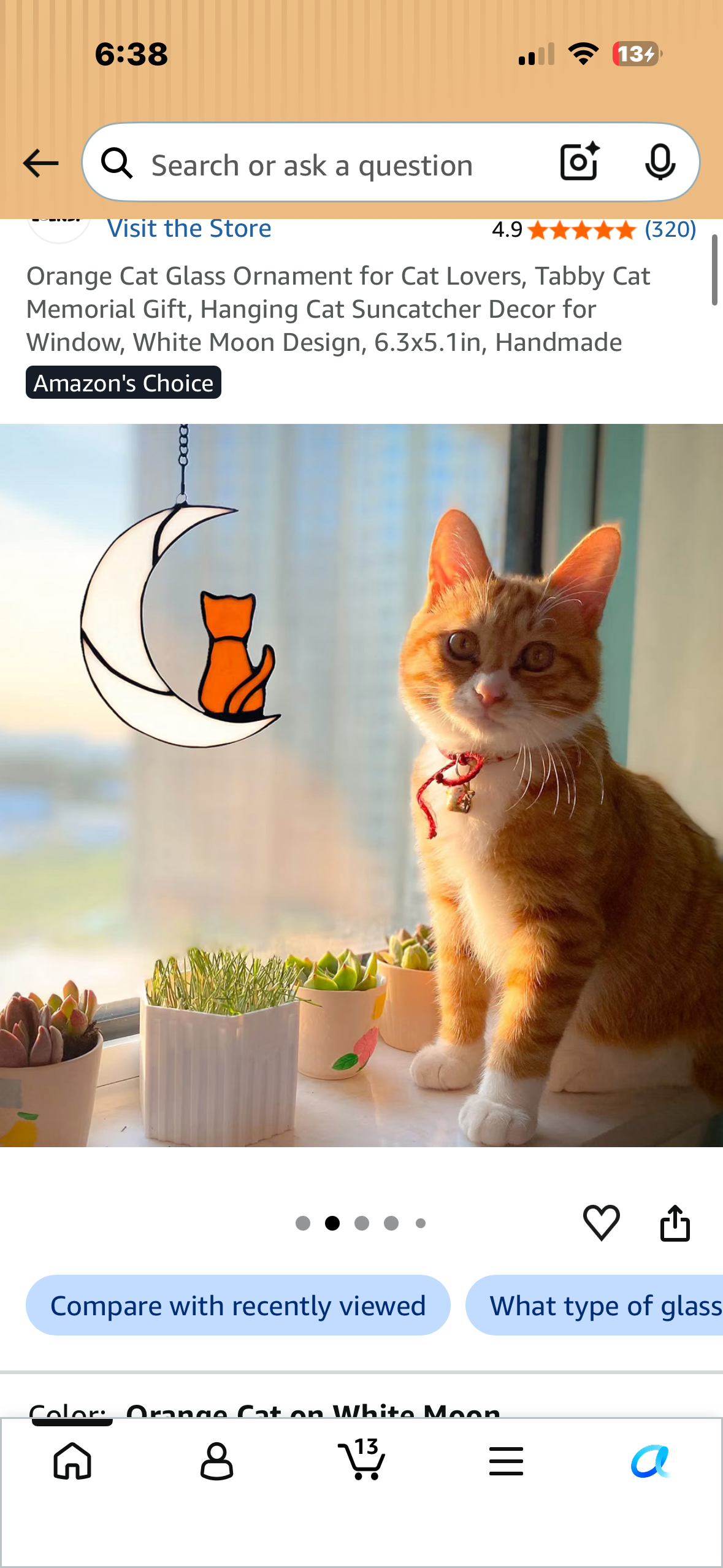 Cat Glass Ornament for Cat Lovers, Tabby Cat Memorial Gift, Hanging Cat Suncatcher Decor for Window, Yellow moon Design, 6.3x5.1in, Handmade