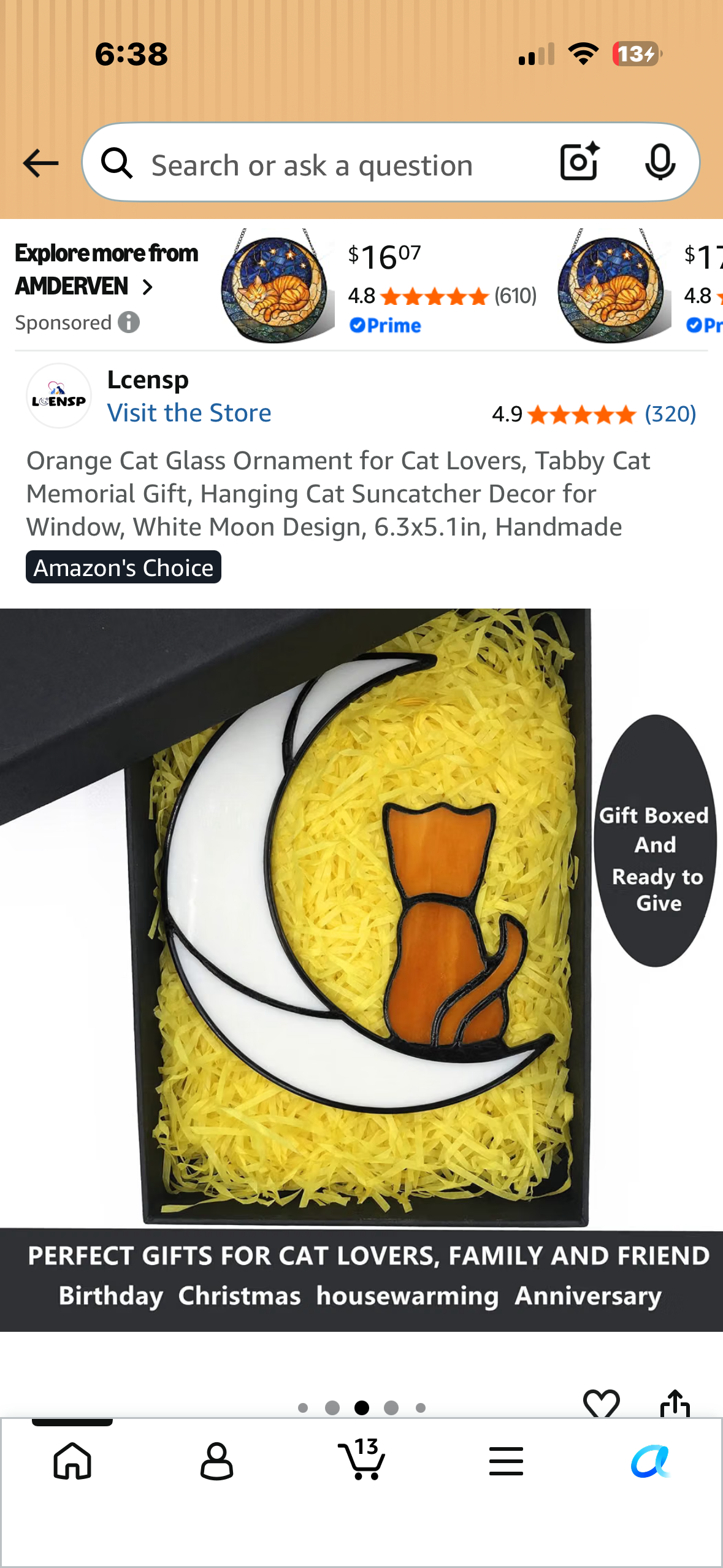 Cat Glass Ornament for Cat Lovers, Tabby Cat Memorial Gift, Hanging Cat Suncatcher Decor for Window, Yellow moon Design, 6.3x5.1in, Handmade