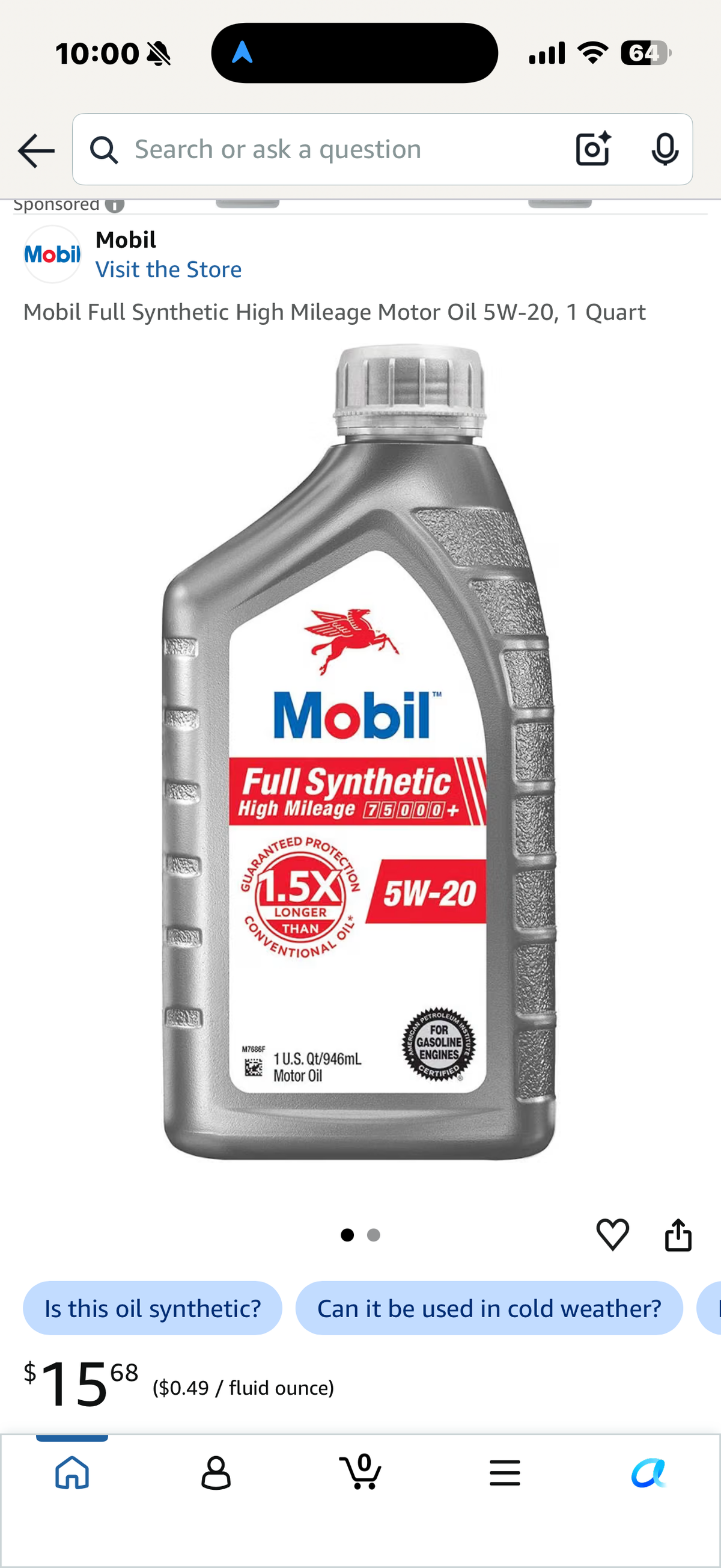 Mobil Full Synthetic 5W-20 Motor Oil Quart