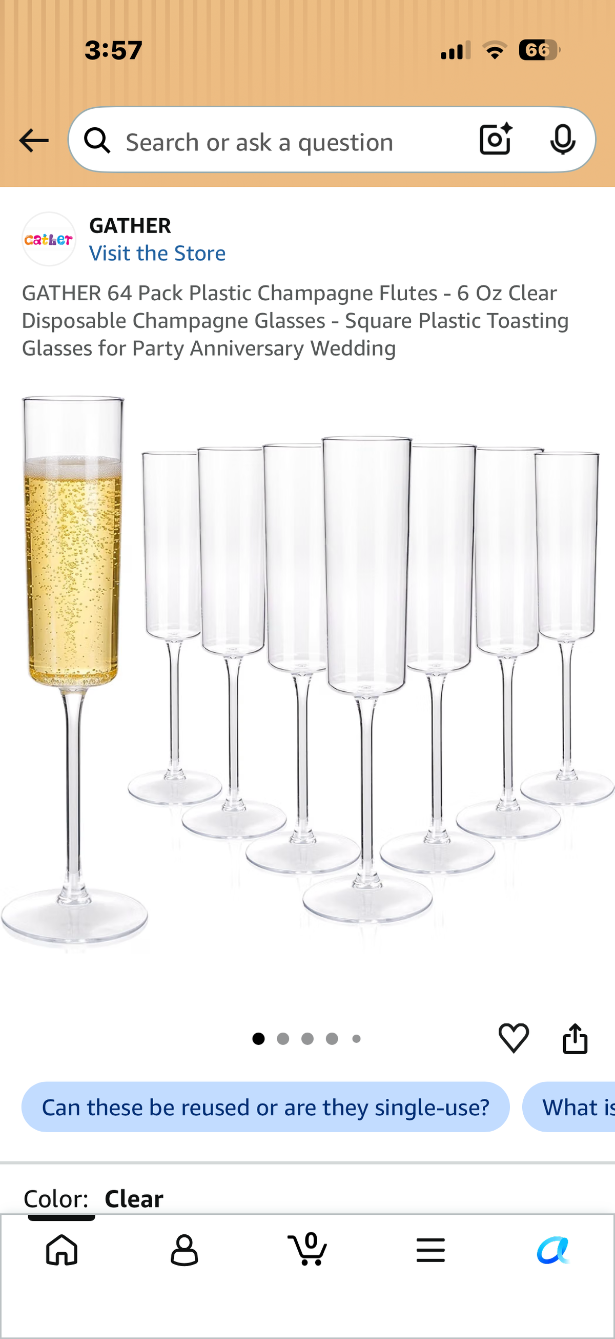 GATHER 64 Pack Plastic Champagne Flutes - 6 Oz Clear Disposable Champagne Glasses - Square Plastic Toasting Glasses for Party Anniversary Wedding